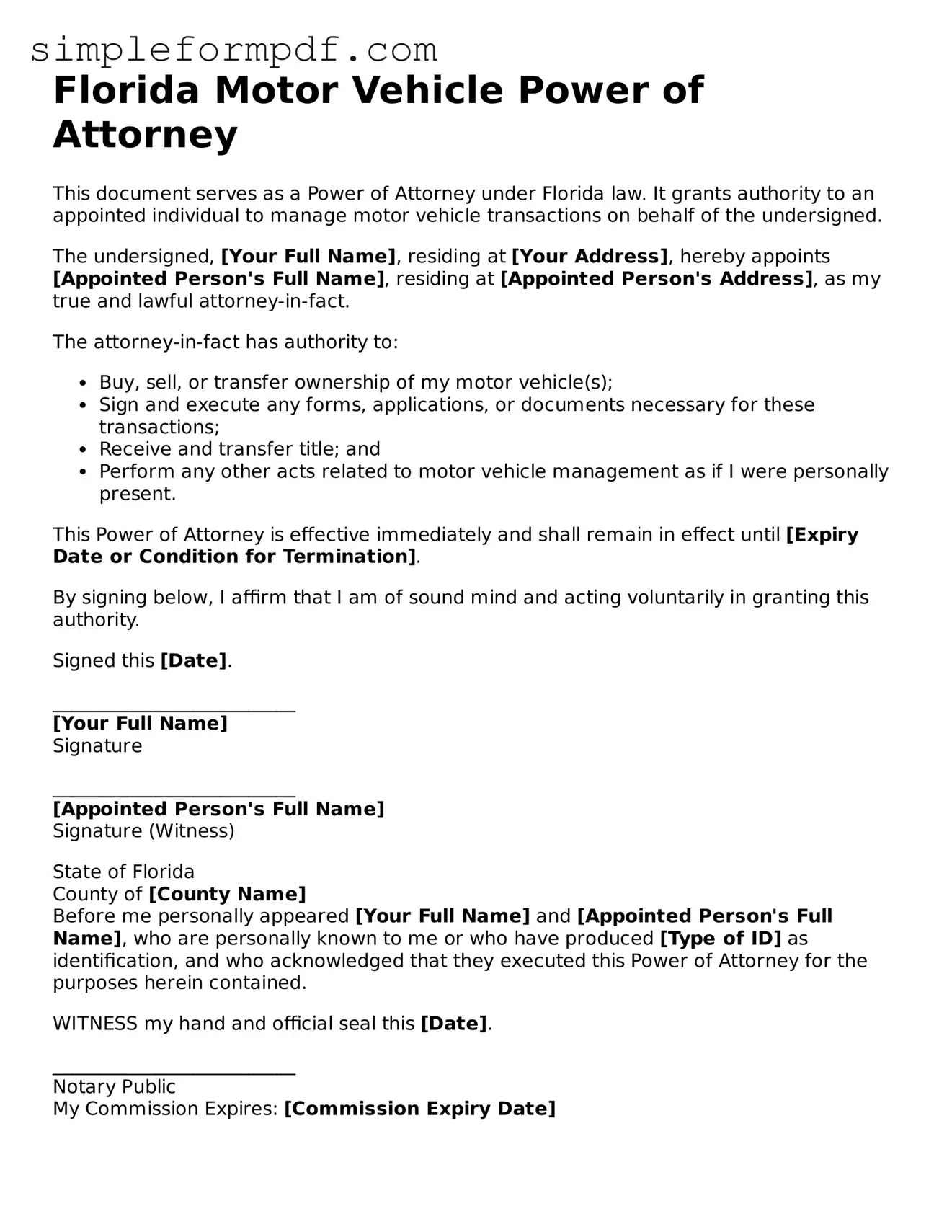 Free Motor Vehicle Power of Attorney Form for the State of Florida
