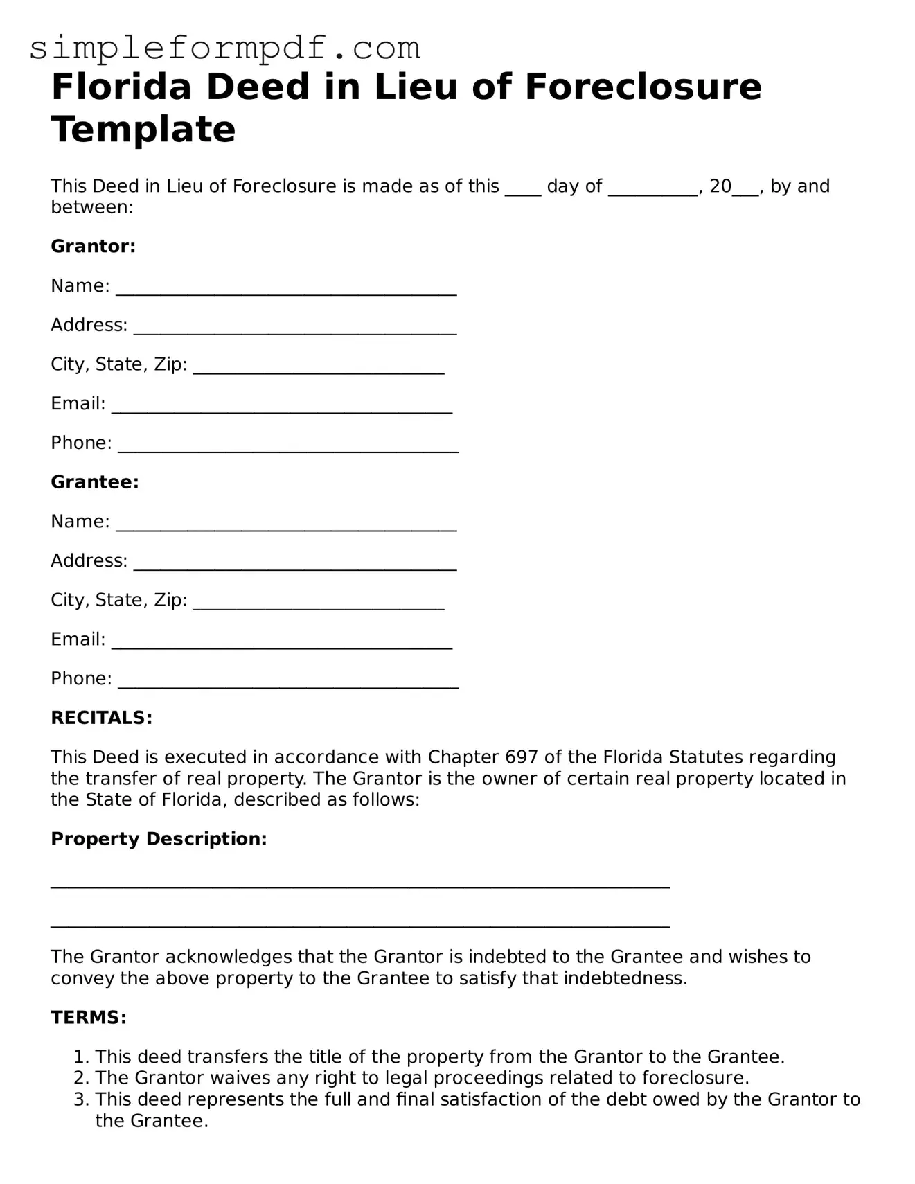 Free Deed in Lieu of Foreclosure Form for the State of Florida