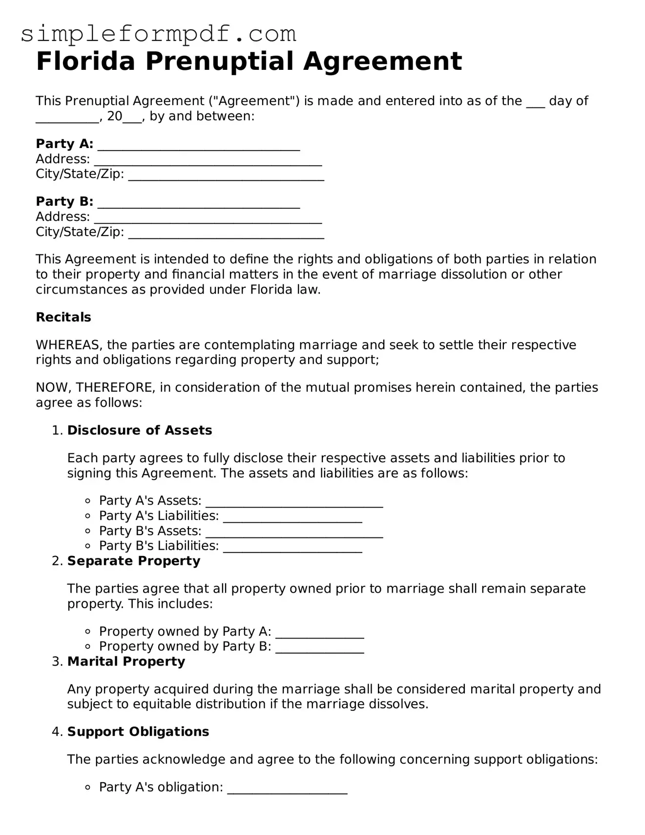 Free Prenuptial Agreement Form for the State of Florida