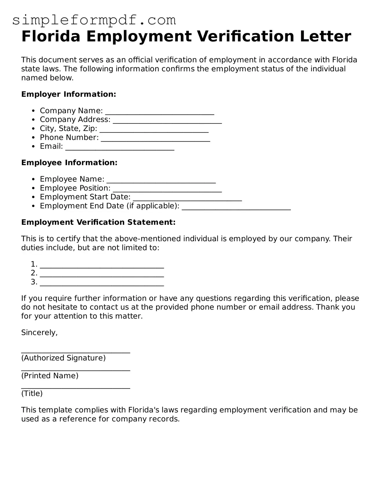 Free Employment Verification Form for the State of Florida