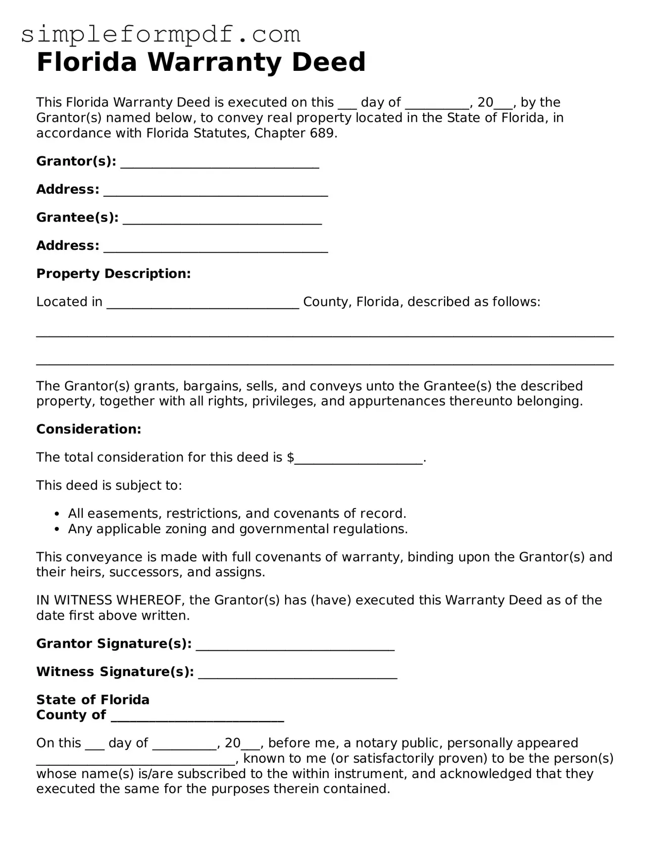 Free Deed Form for the State of Florida