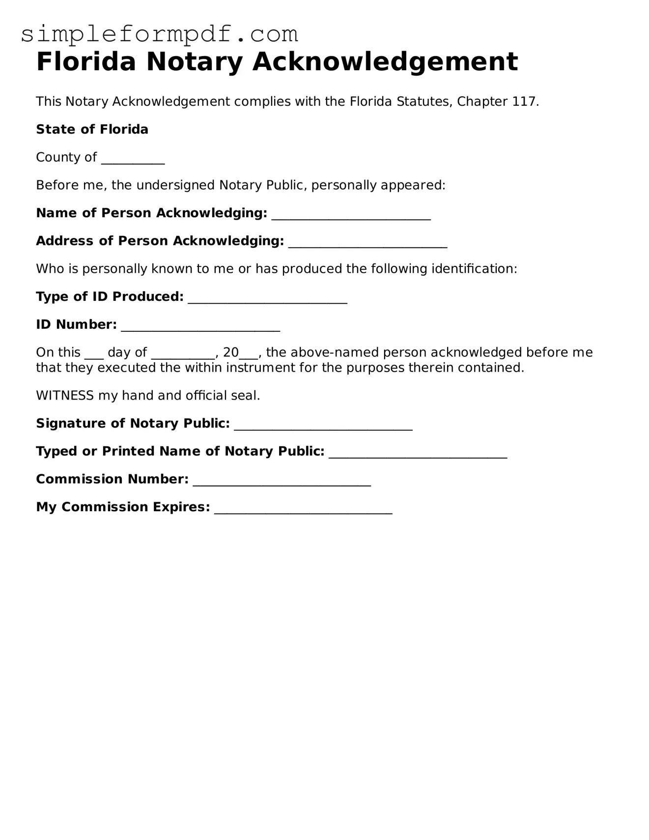 Free Notary Acknowledgement Form for the State of Florida