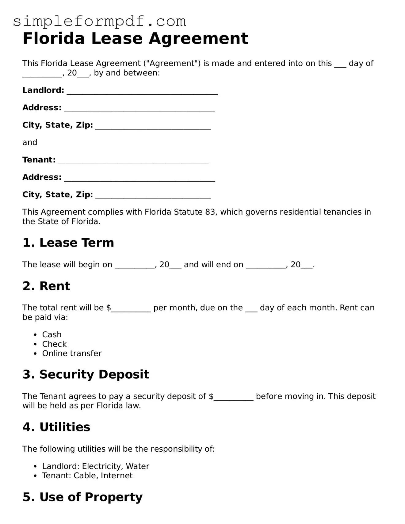 Free Lease Agreement Form for the State of Florida