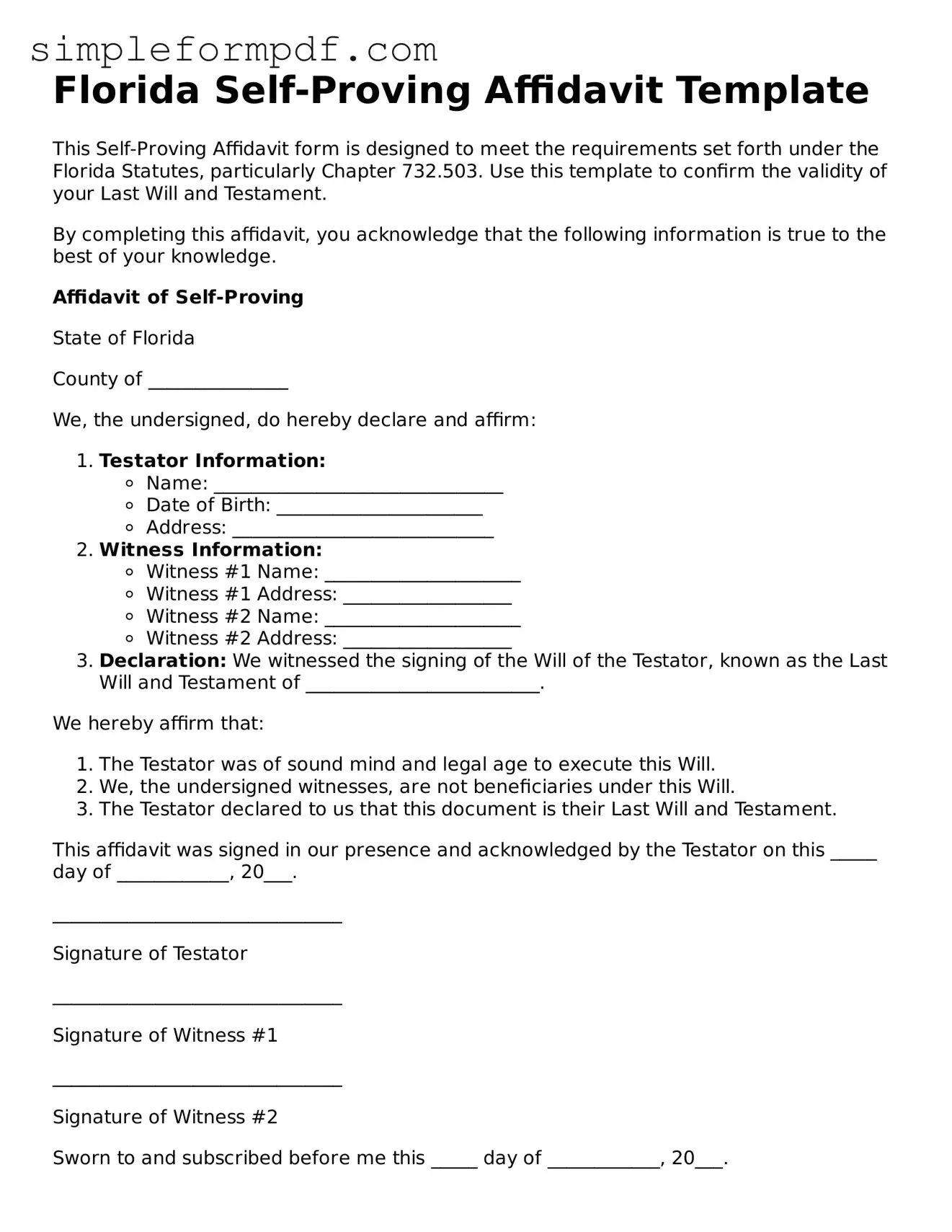 Free Self-Proving Affidavit Form for the State of Florida
