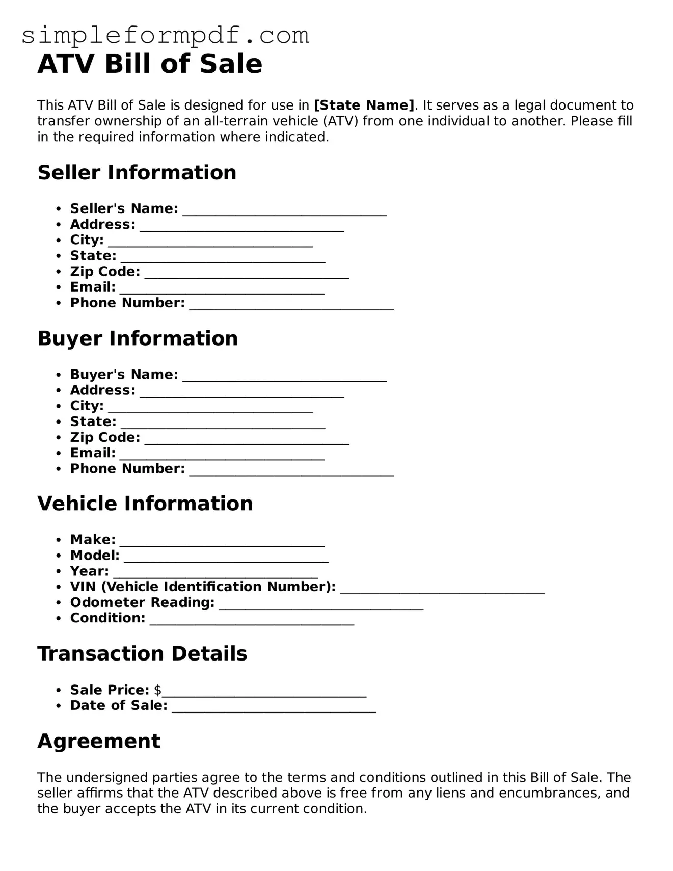 Fillable ATV Bill of Sale Template