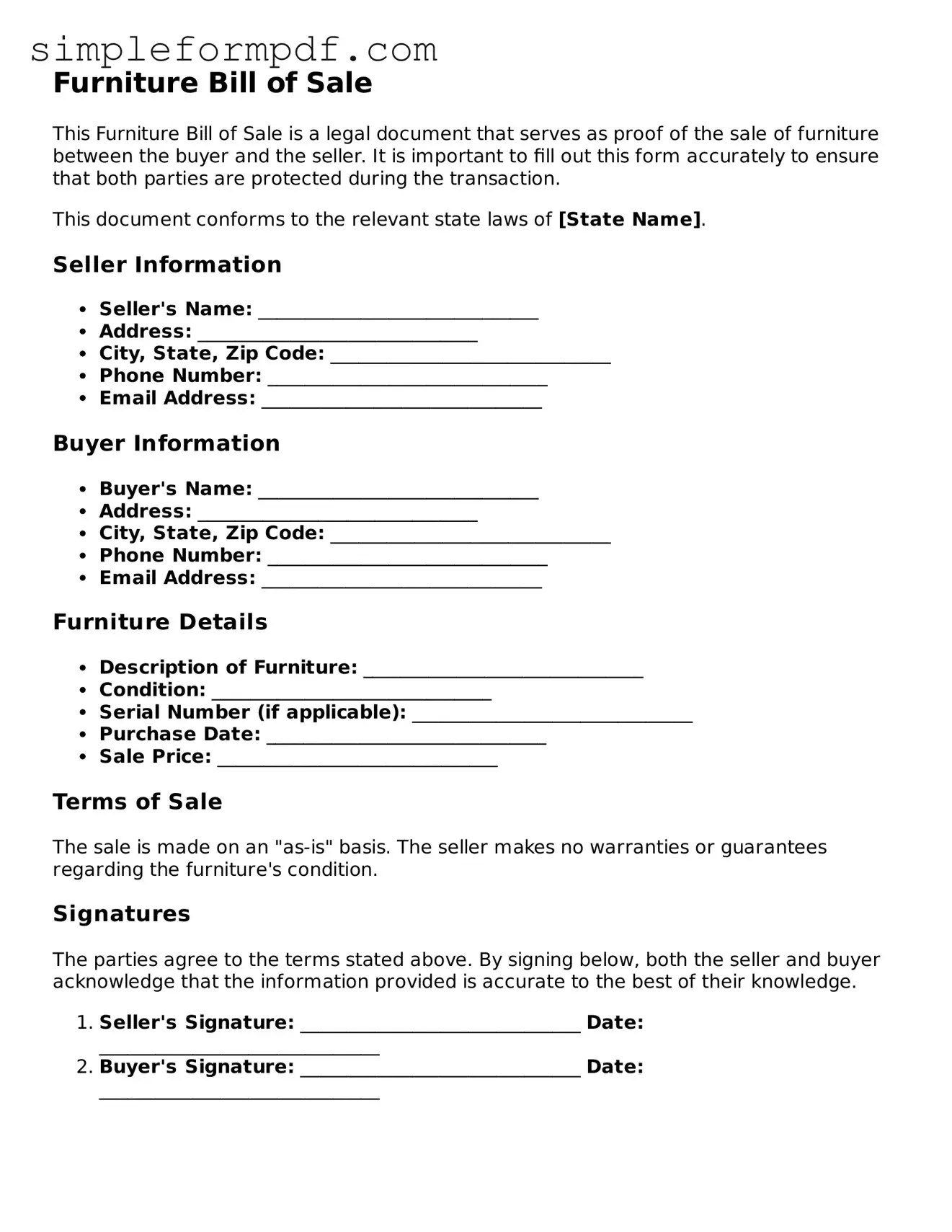 Fillable Furniture Bill of Sale Template