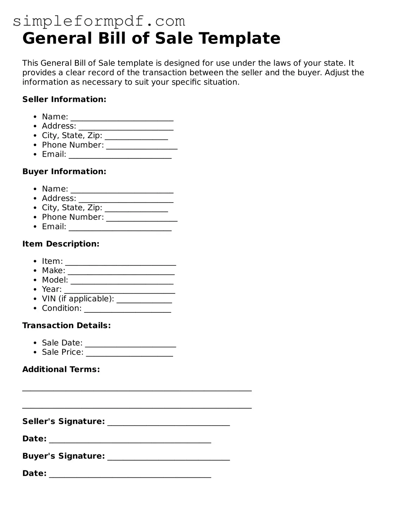 Fillable General Bill of Sale Template