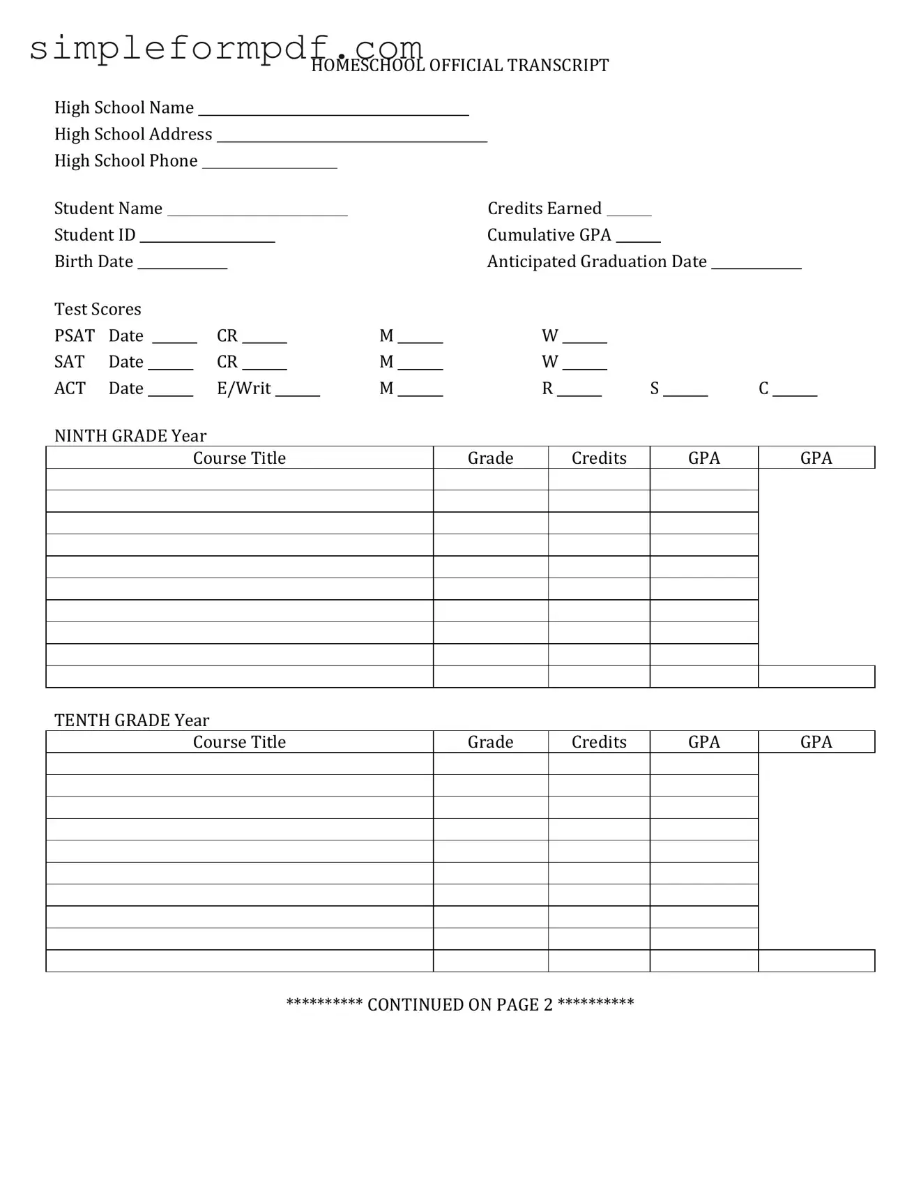 High School Transcript PDF Form