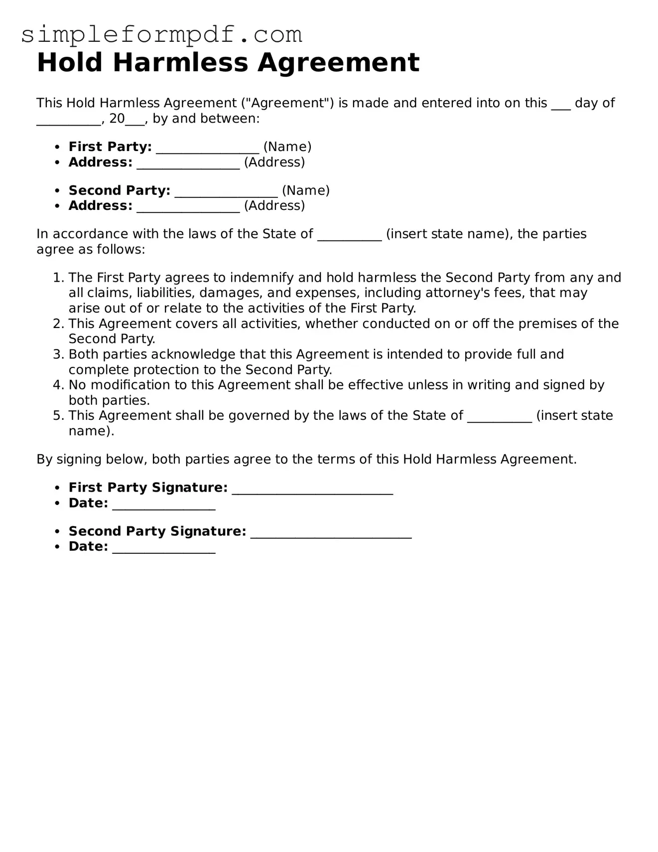 Fillable Hold Harmless Agreement Template