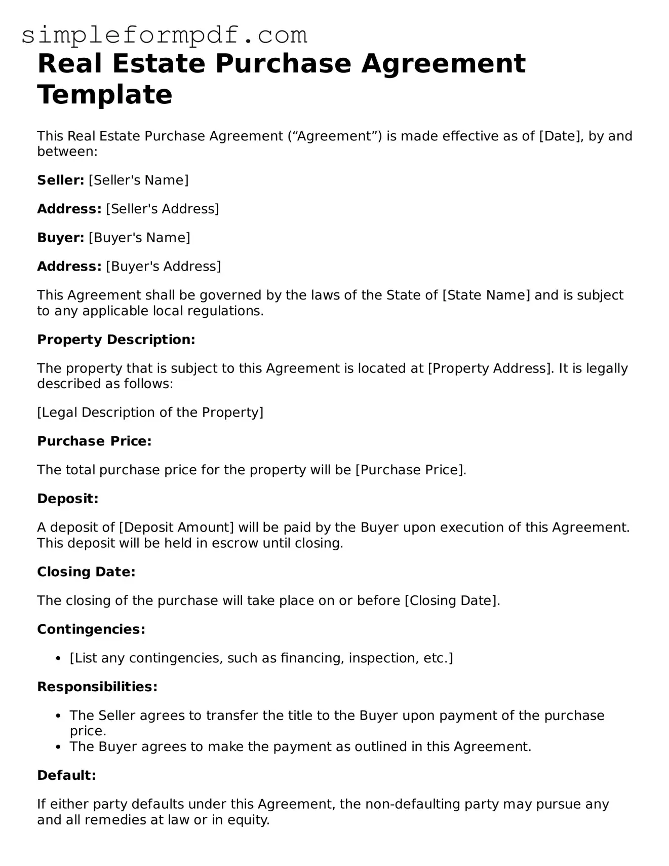 Fillable Real Estate Purchase Agreement Template