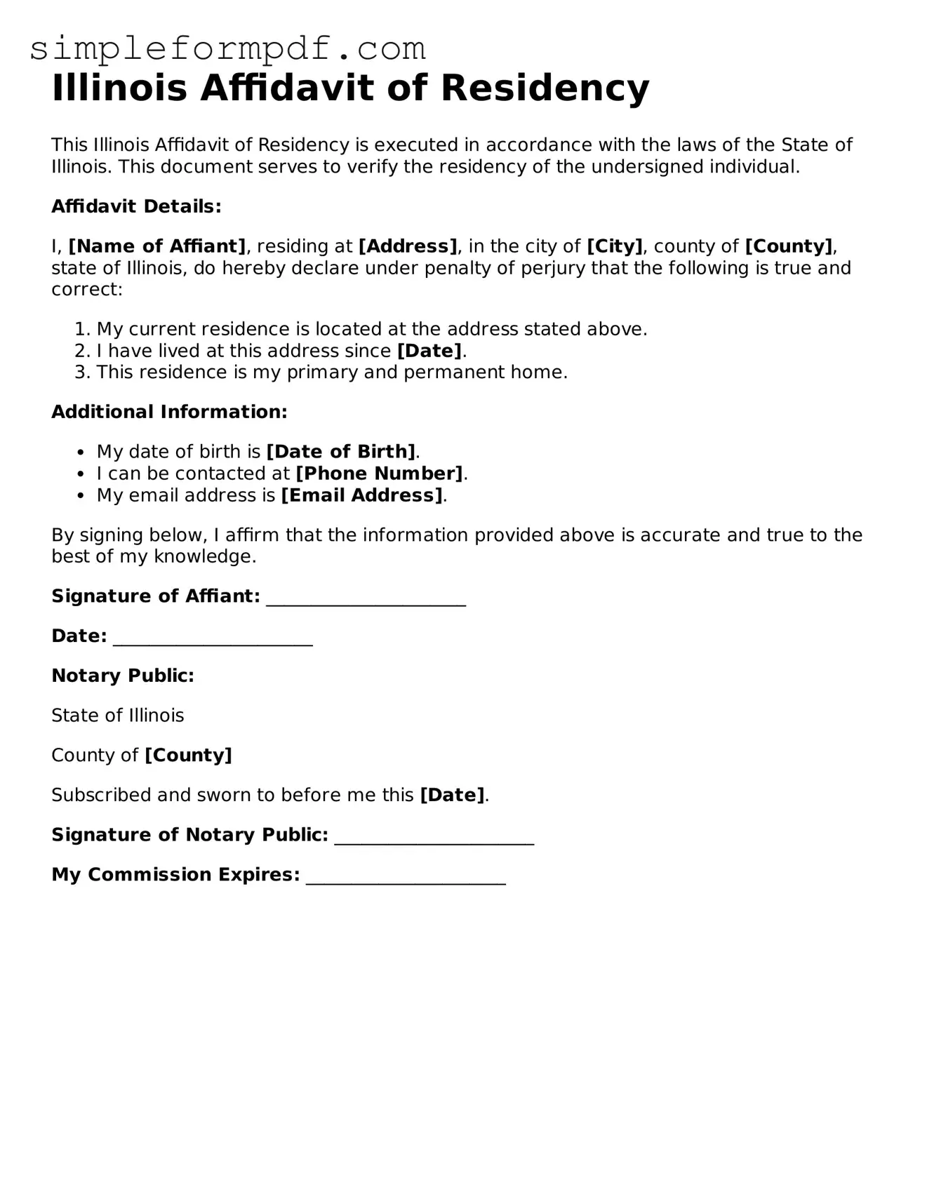 Free Affidavit of Residency Form for the State of Illinois