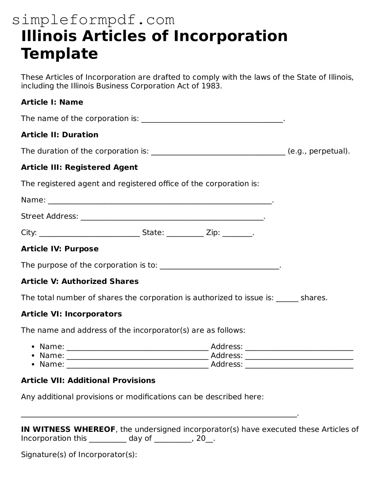 Free Articles of Incorporation Form for the State of Illinois