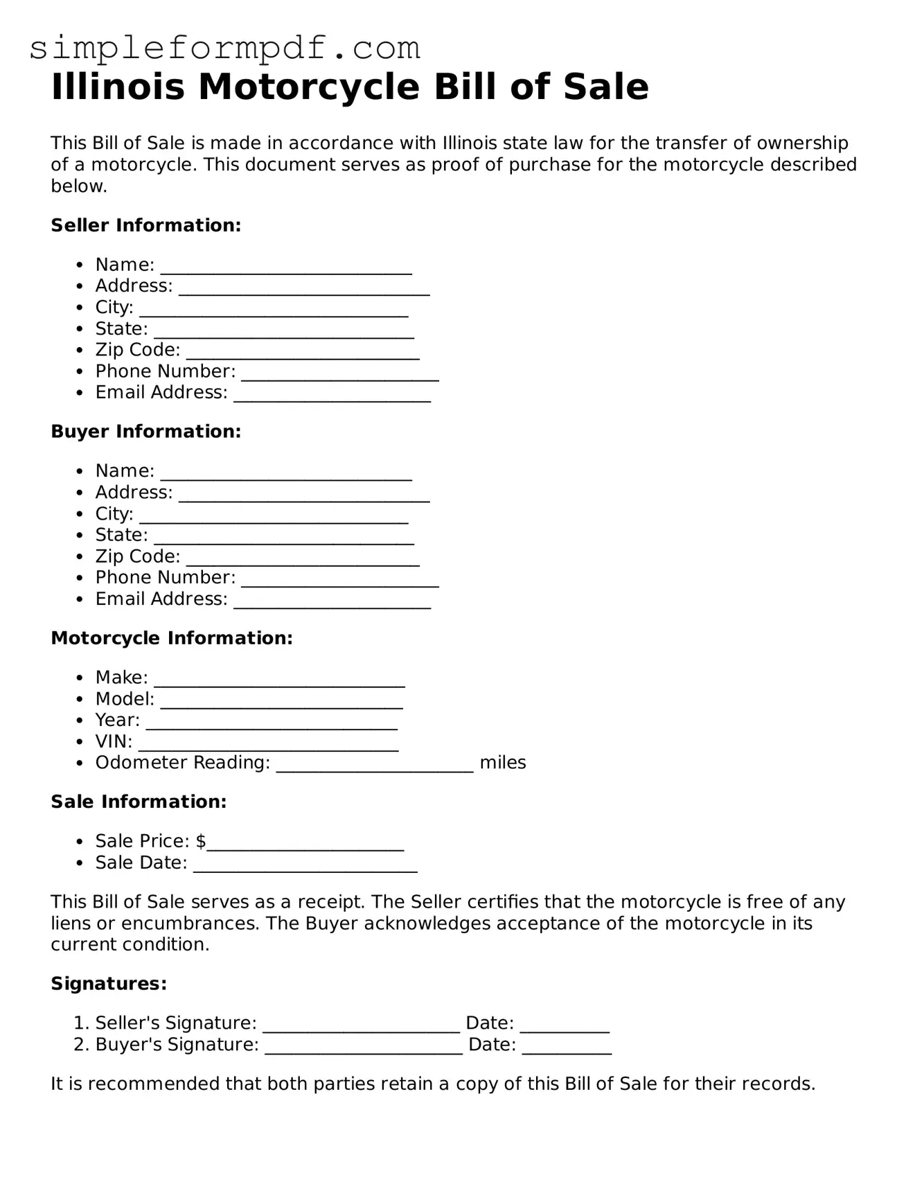 Free Motorcycle Bill of Sale Form for the State of Illinois