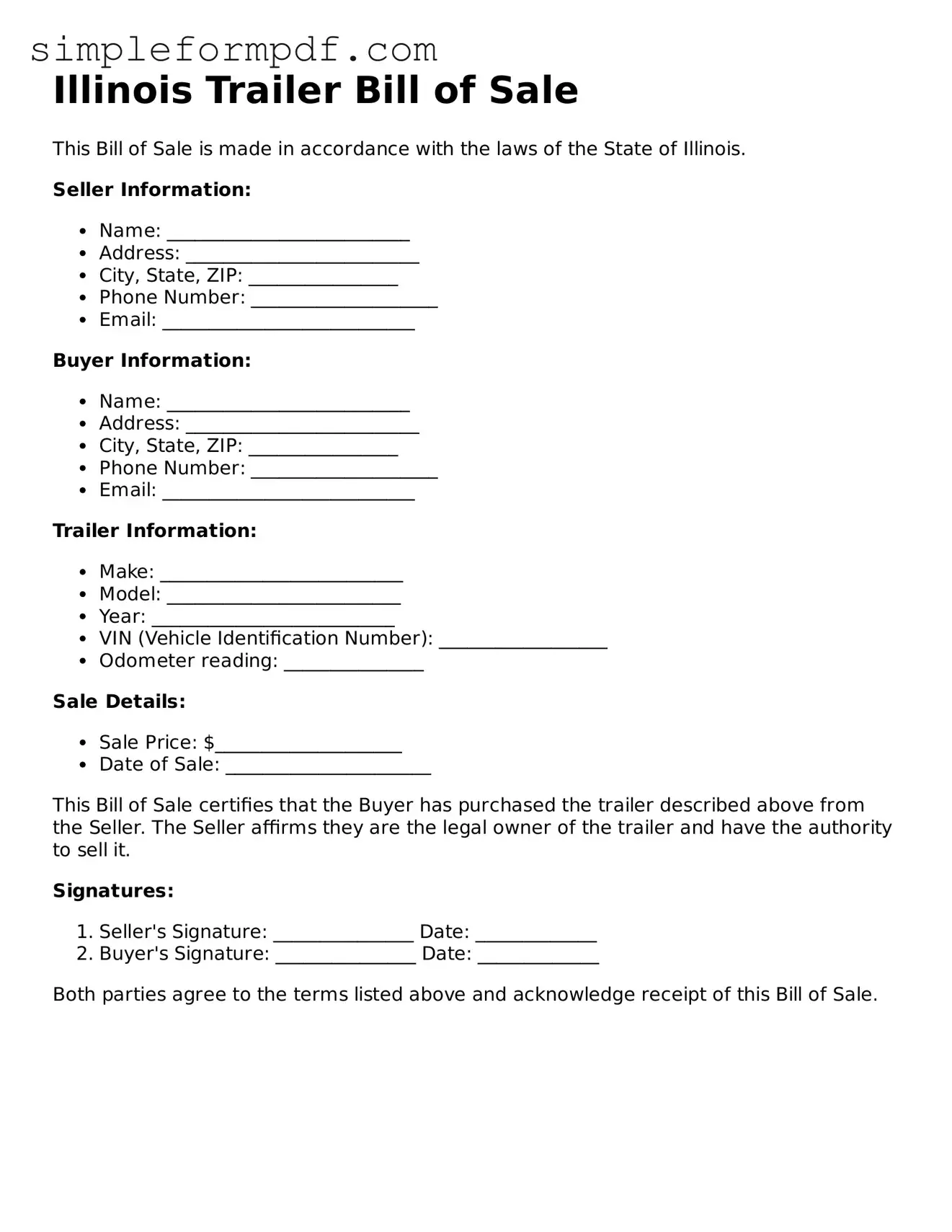 Free Trailer Bill of Sale Form for the State of Illinois