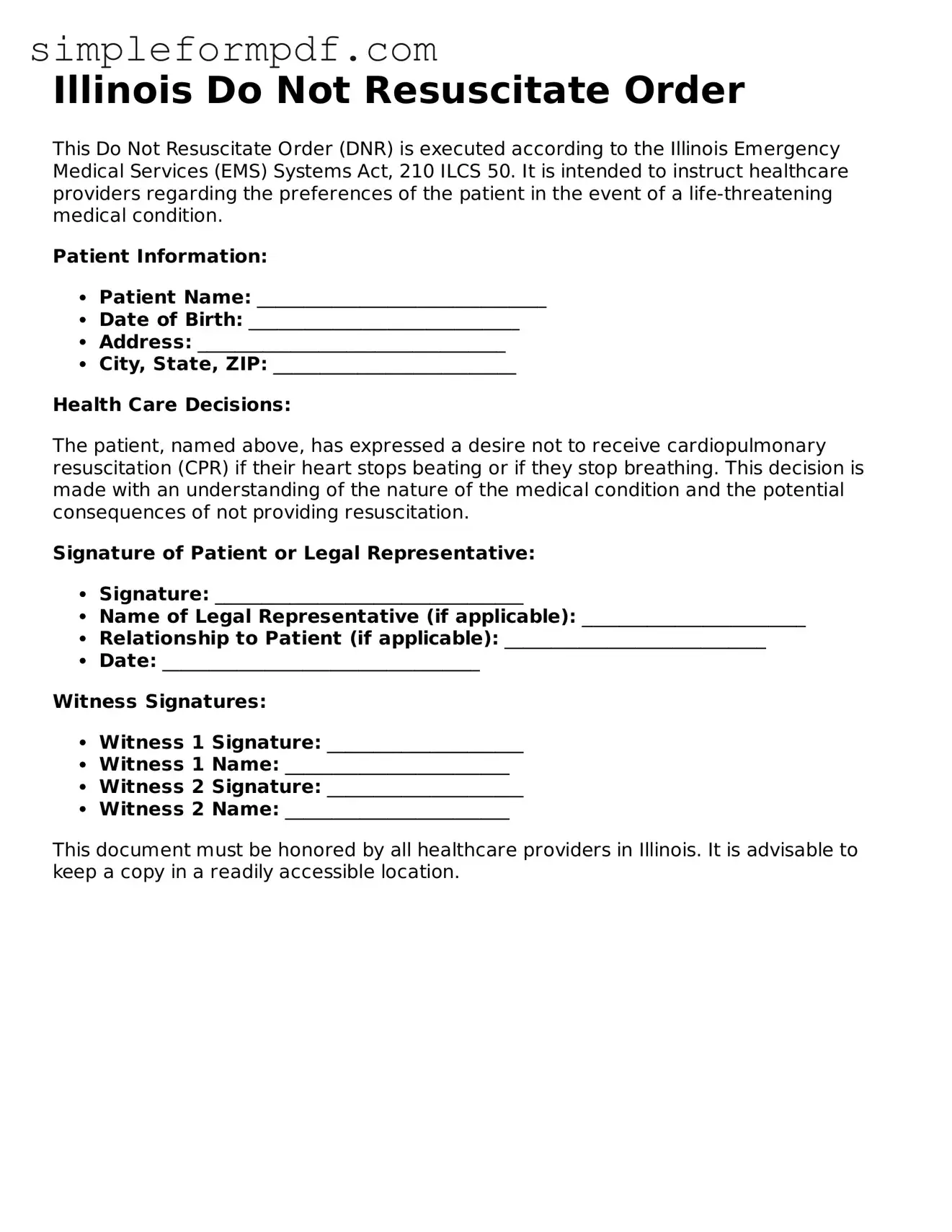 Free Do Not Resuscitate Order Form for the State of Illinois