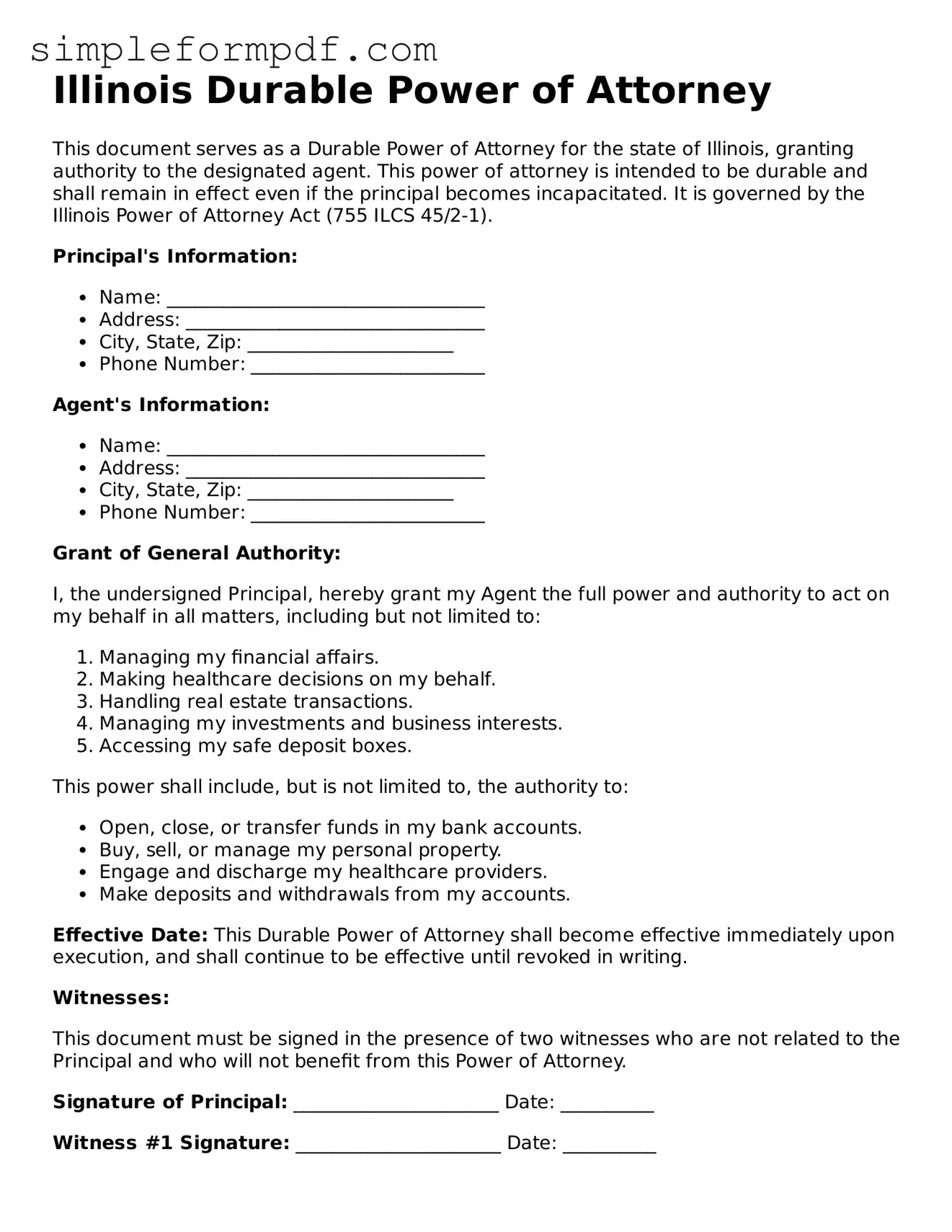 Free Durable Power of Attorney Form for the State of Illinois