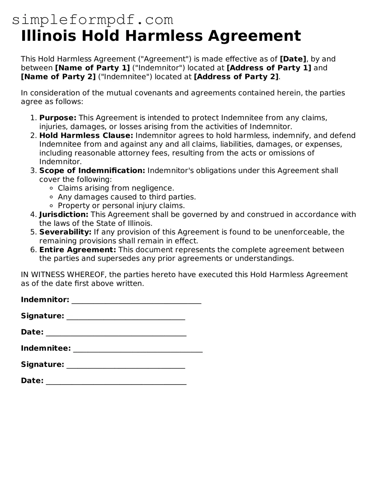 Free Hold Harmless Agreement Form for the State of Illinois