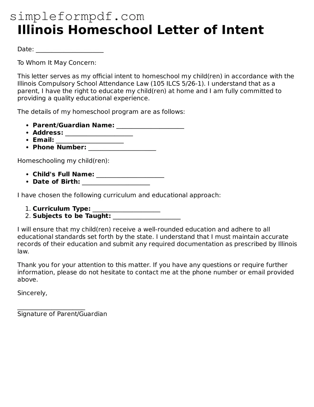 Free Homeschool Letter of Intent Form for the State of Illinois