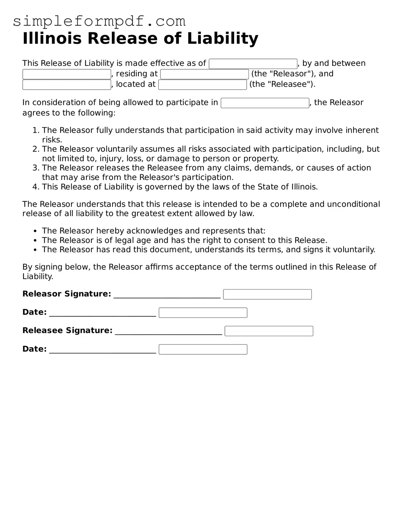 Free Release of Liability Form for the State of Illinois
