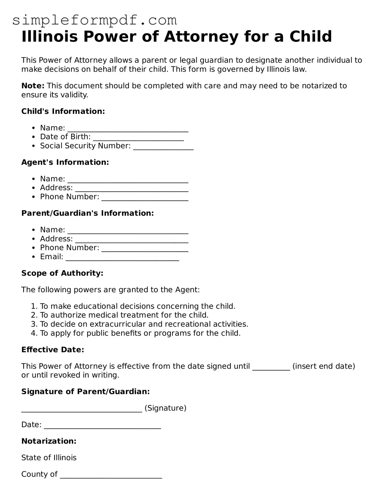 Free Power of Attorney for a Child Form for the State of Illinois