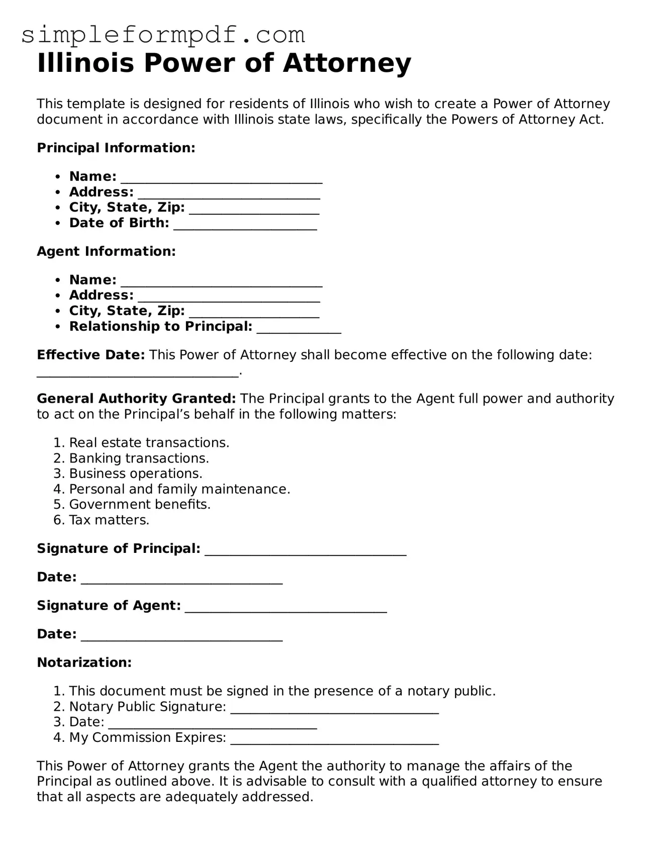 Free Power of Attorney Form for the State of Illinois