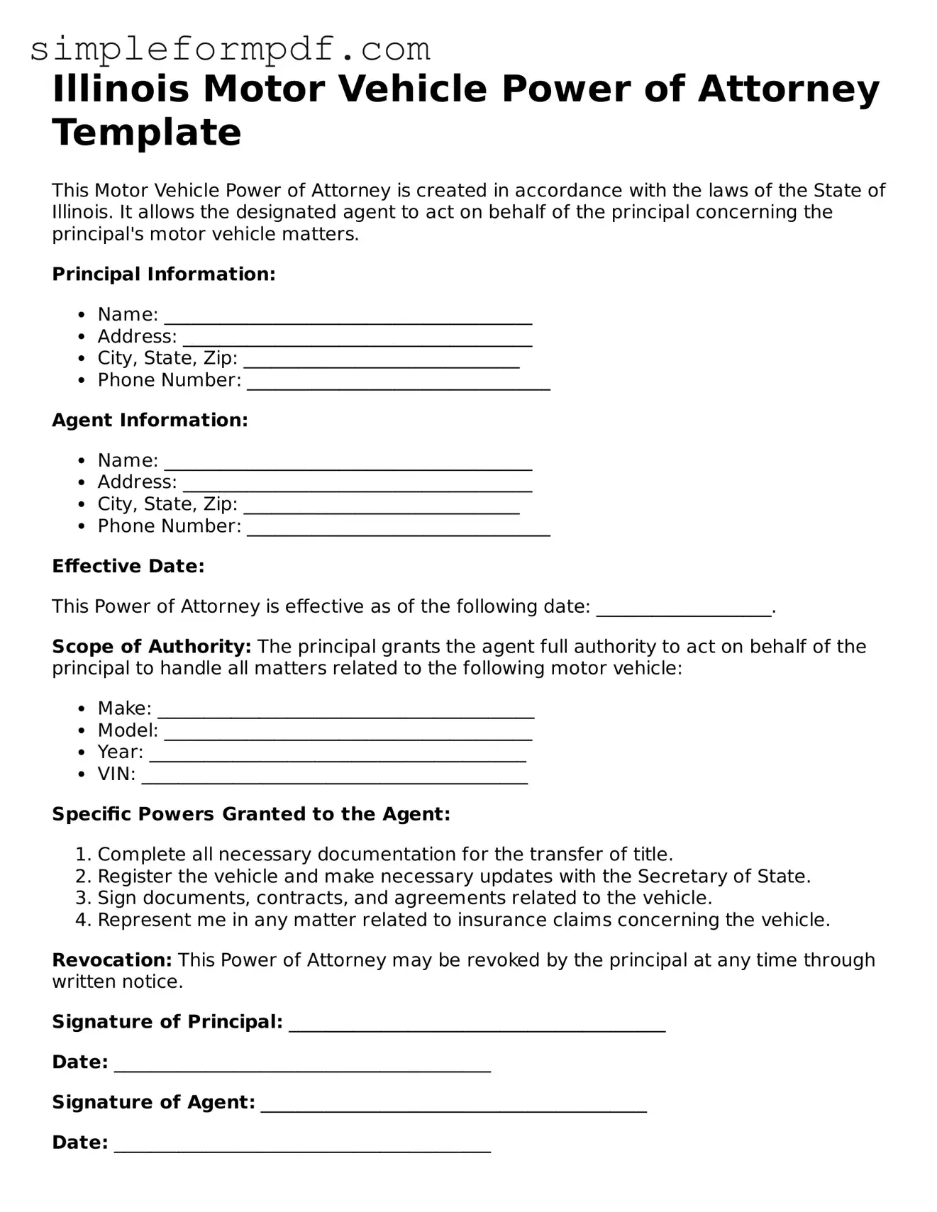 Free Motor Vehicle Power of Attorney Form for the State of Illinois