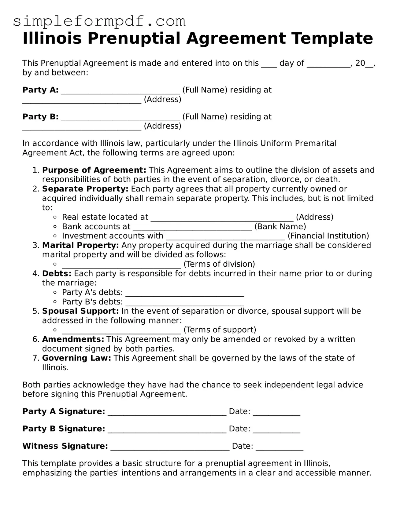 Free Prenuptial Agreement Form for the State of Illinois