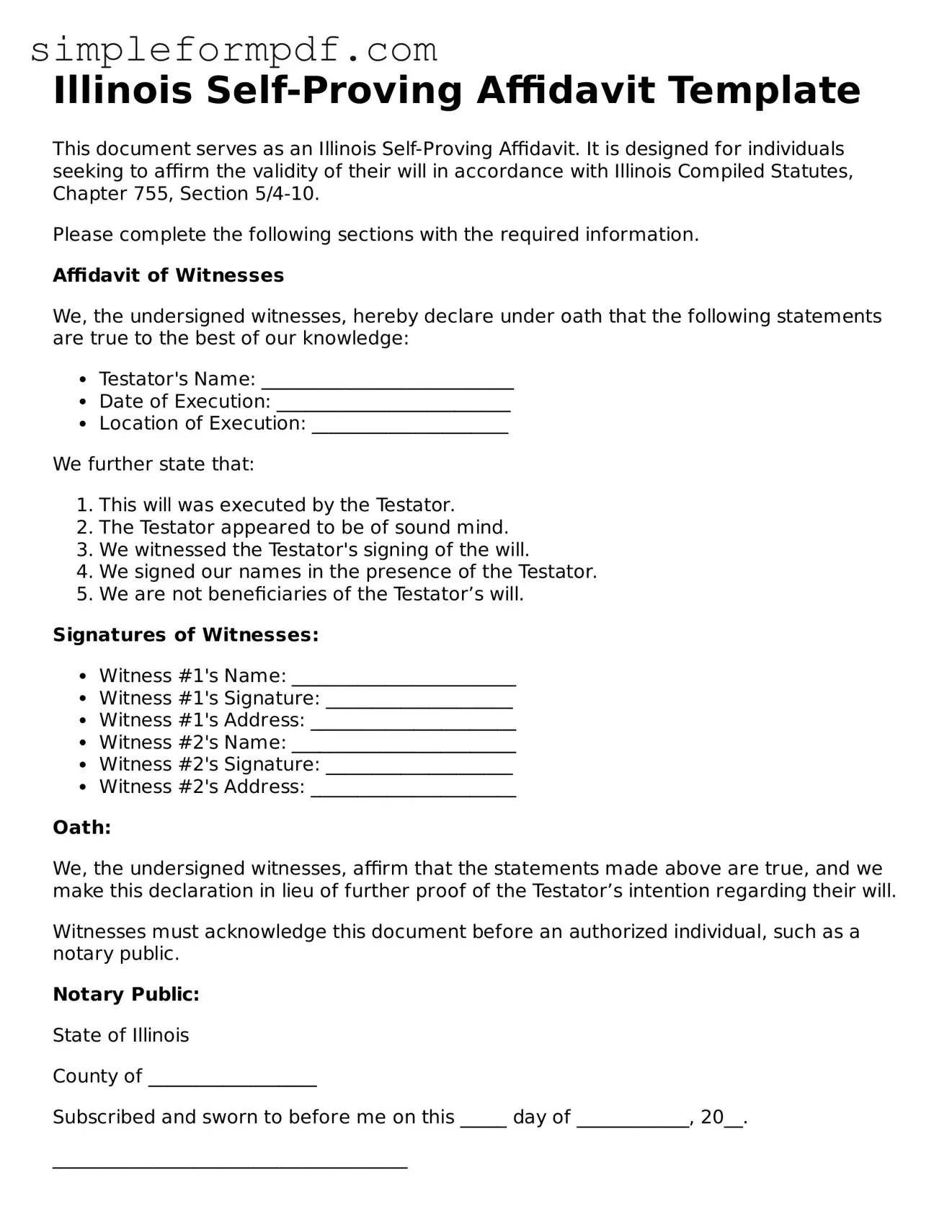 Free Self-Proving Affidavit Form for the State of Illinois