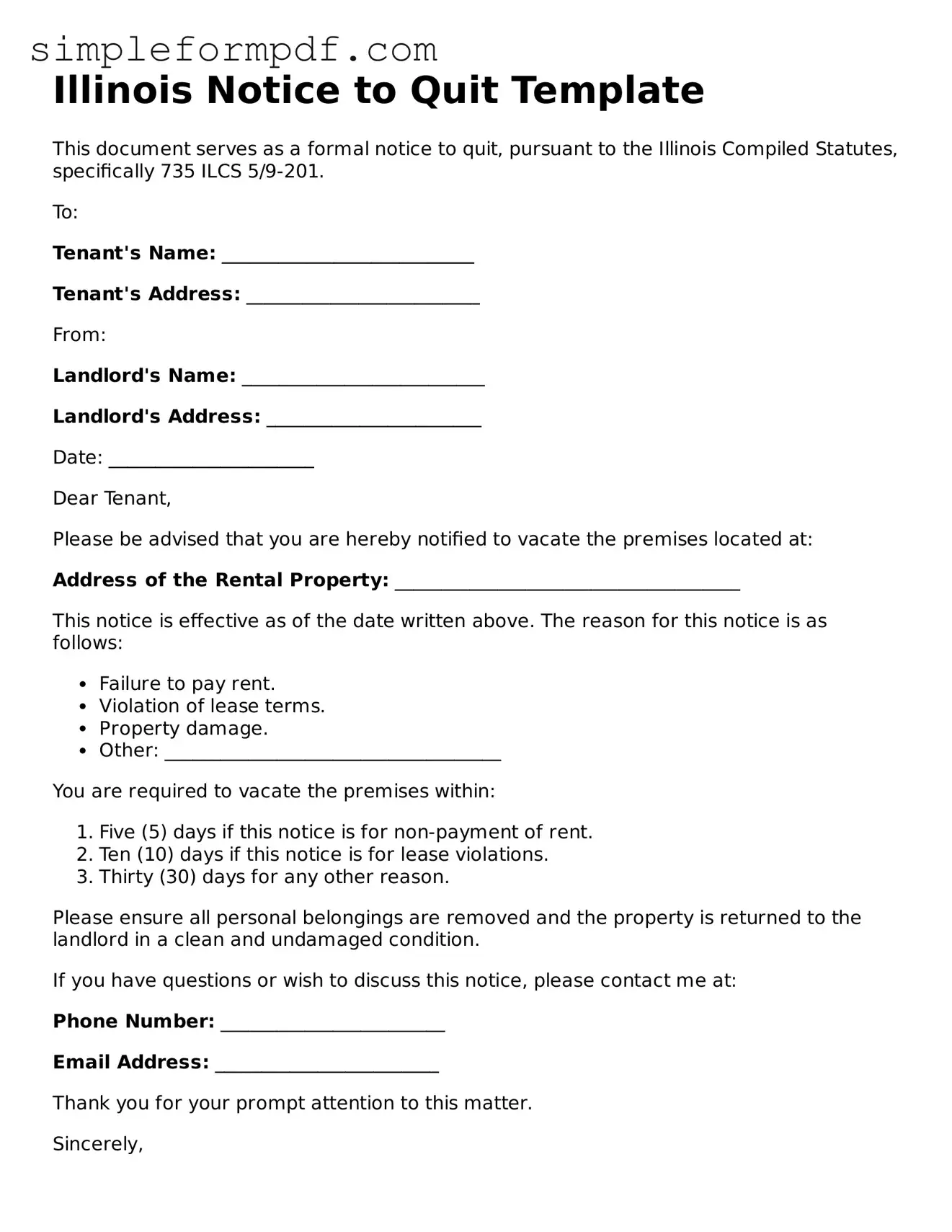Free Notice to Quit Form for the State of Illinois