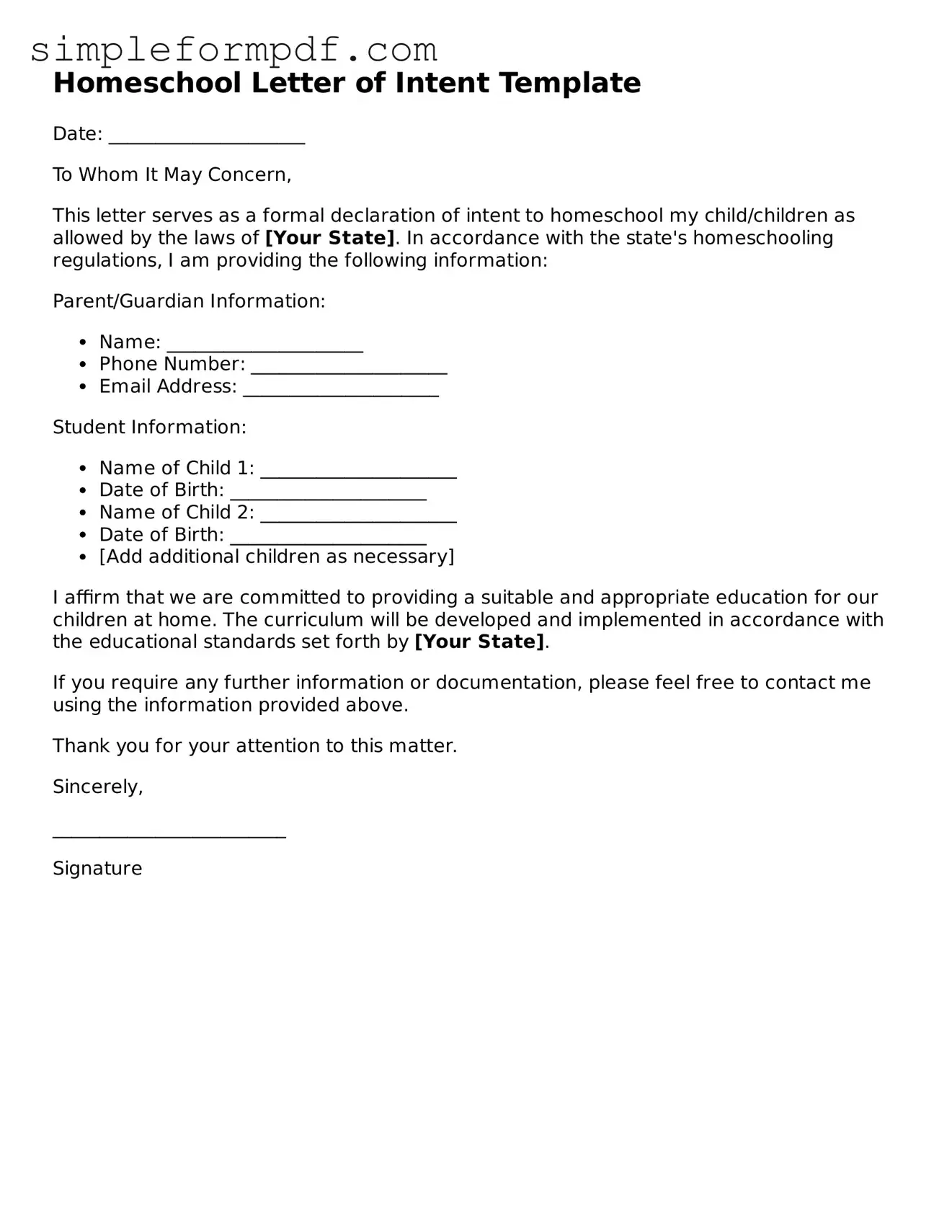 Fillable Homeschool Letter of Intent Template