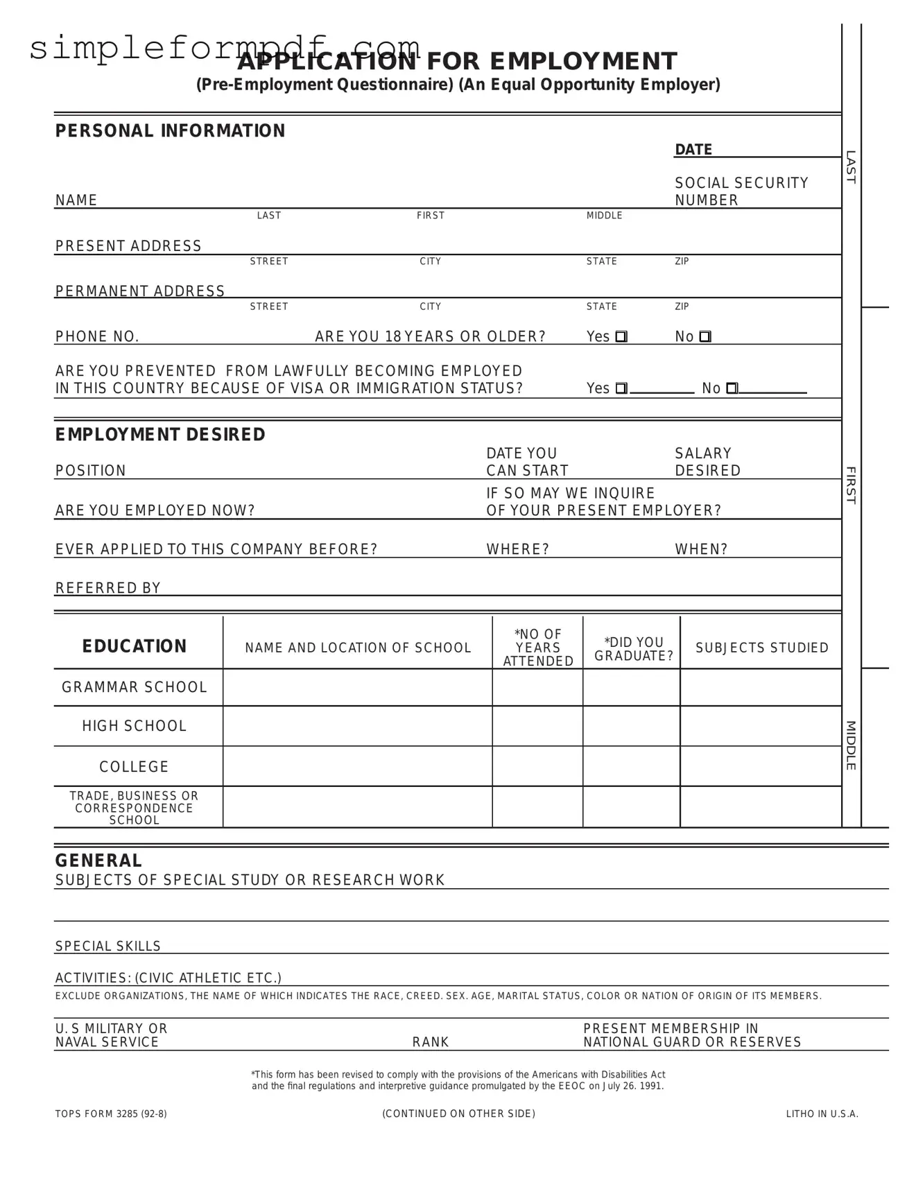 Employment Application Pdf PDF Form
