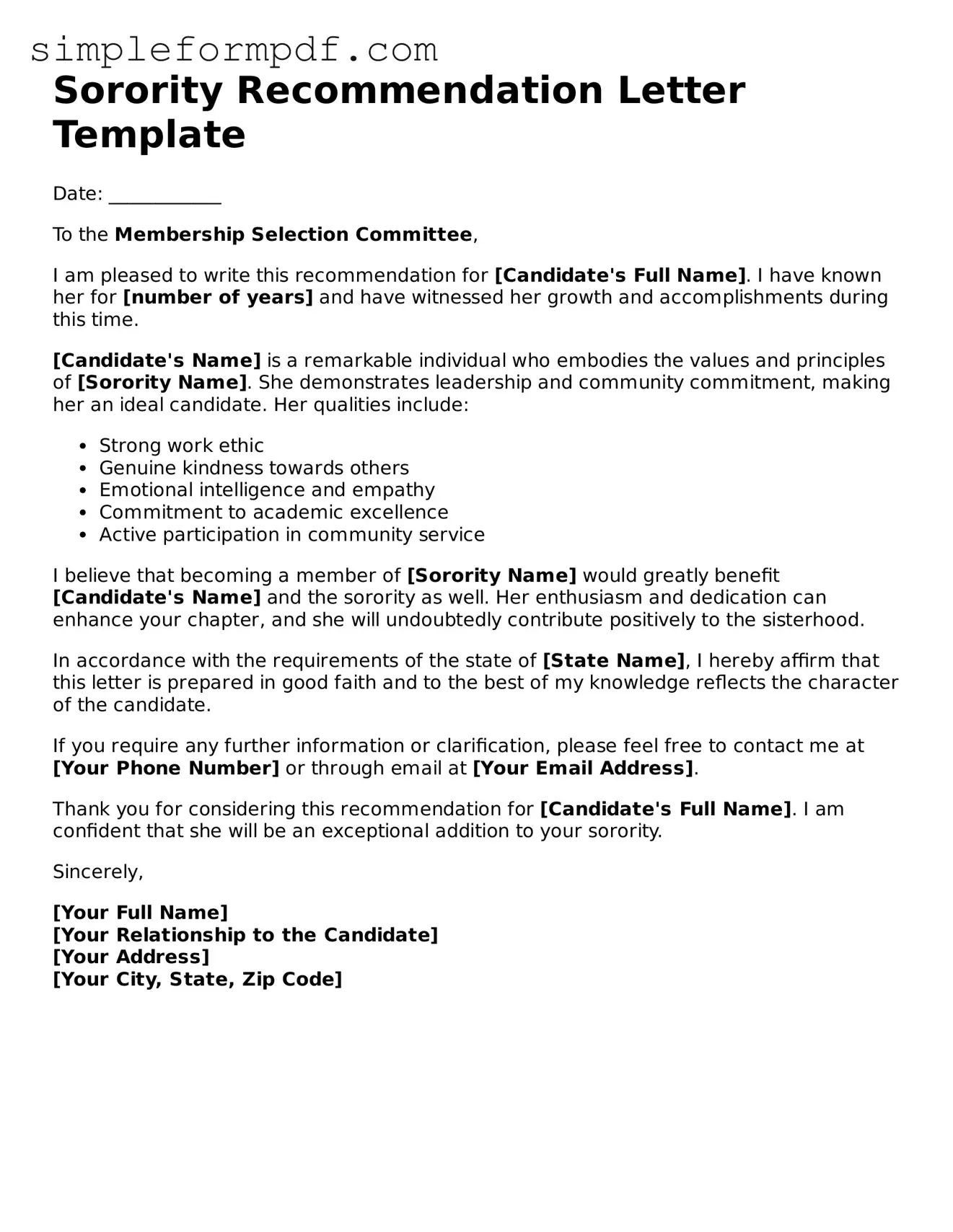 Fillable Sorority Recommendation Letter Template