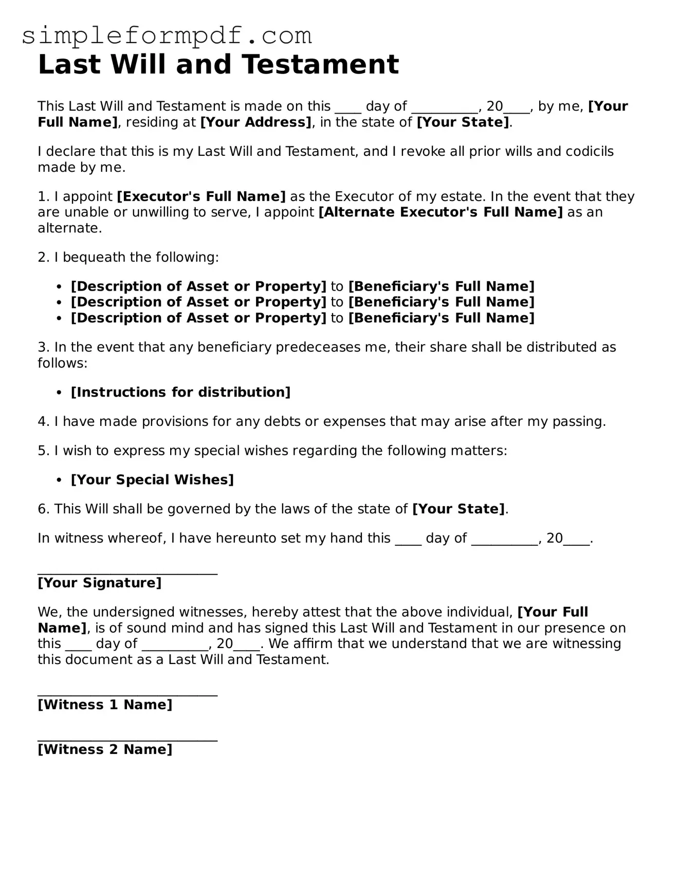 Fillable Last Will and Testament Template