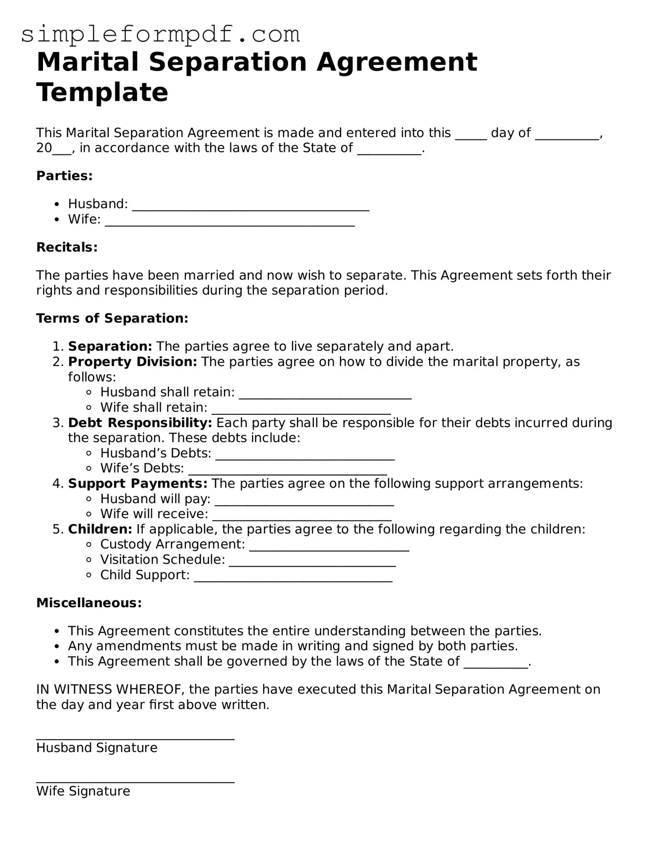 Fillable Marital Separation Agreement Template