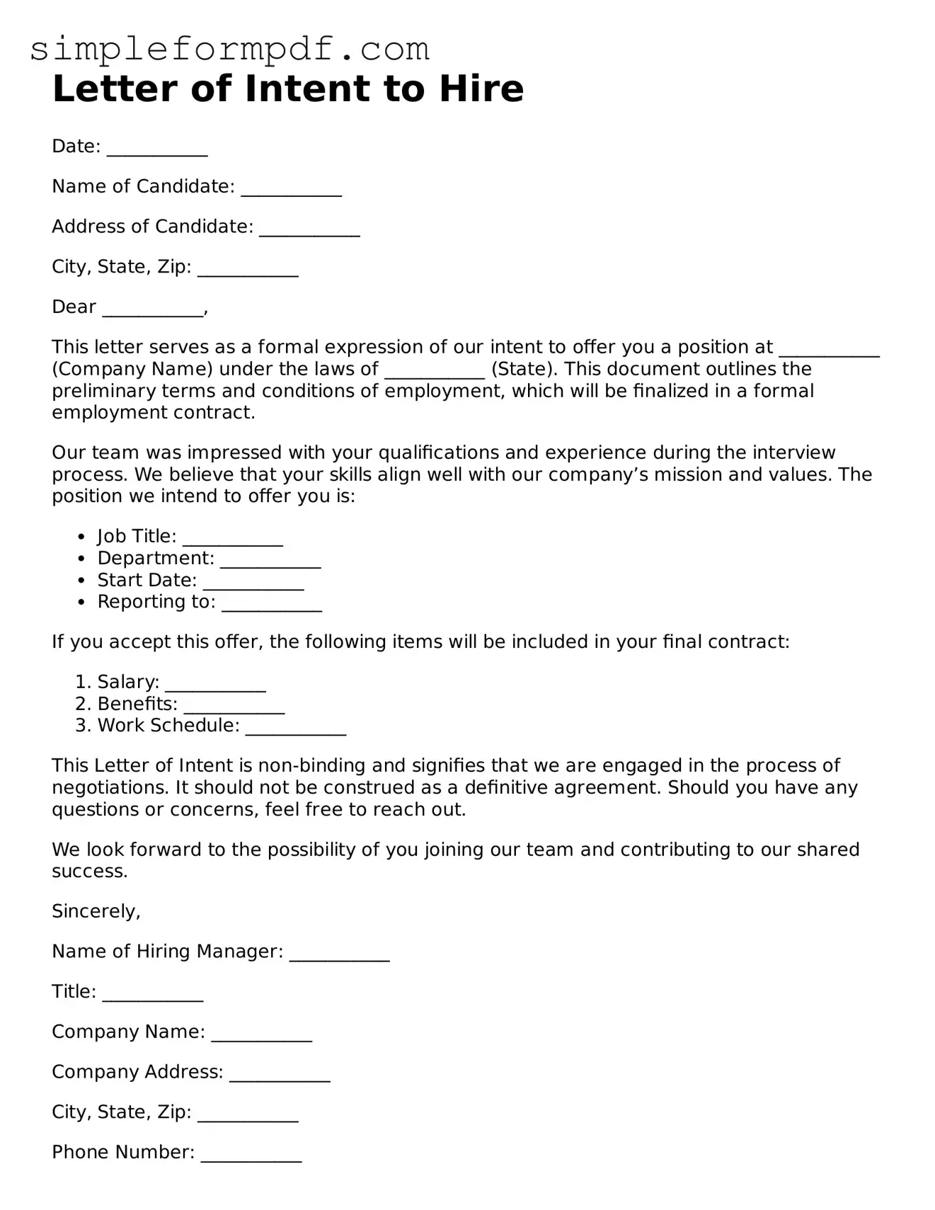 Fillable Letter of Intent to Hire Template