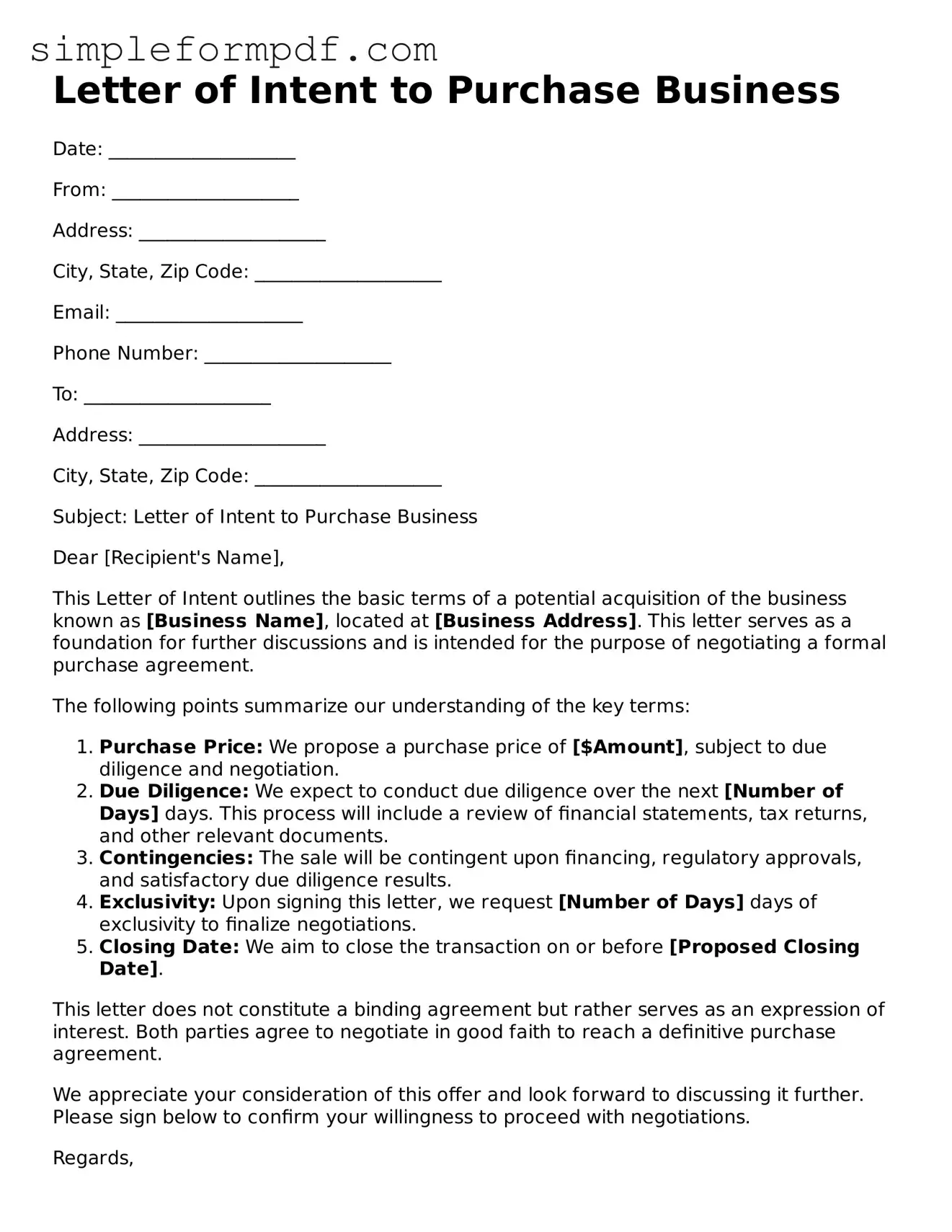 Fillable Letter of Intent to Purchase Business Template