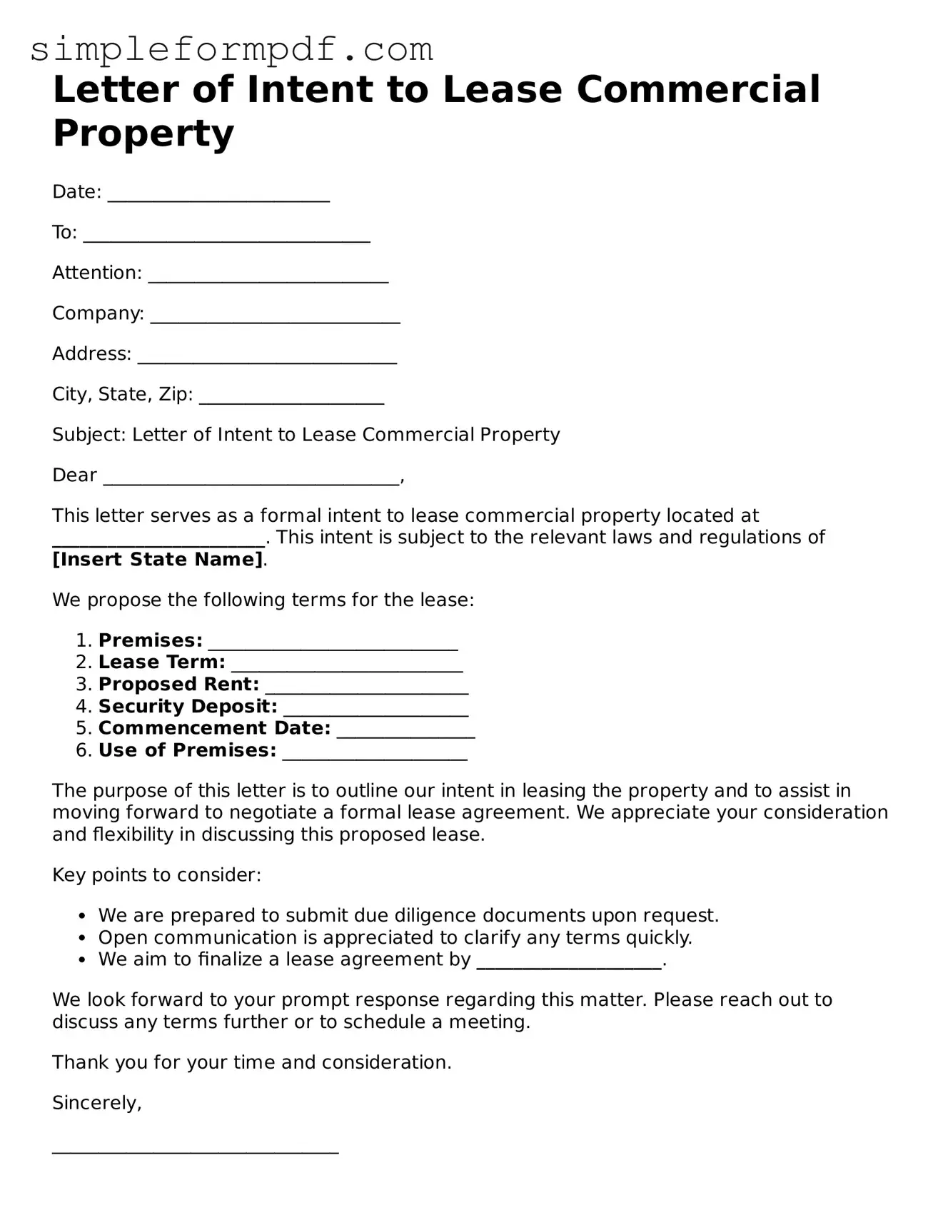 Fillable Letter of Intent to Lease Commercial Property Template