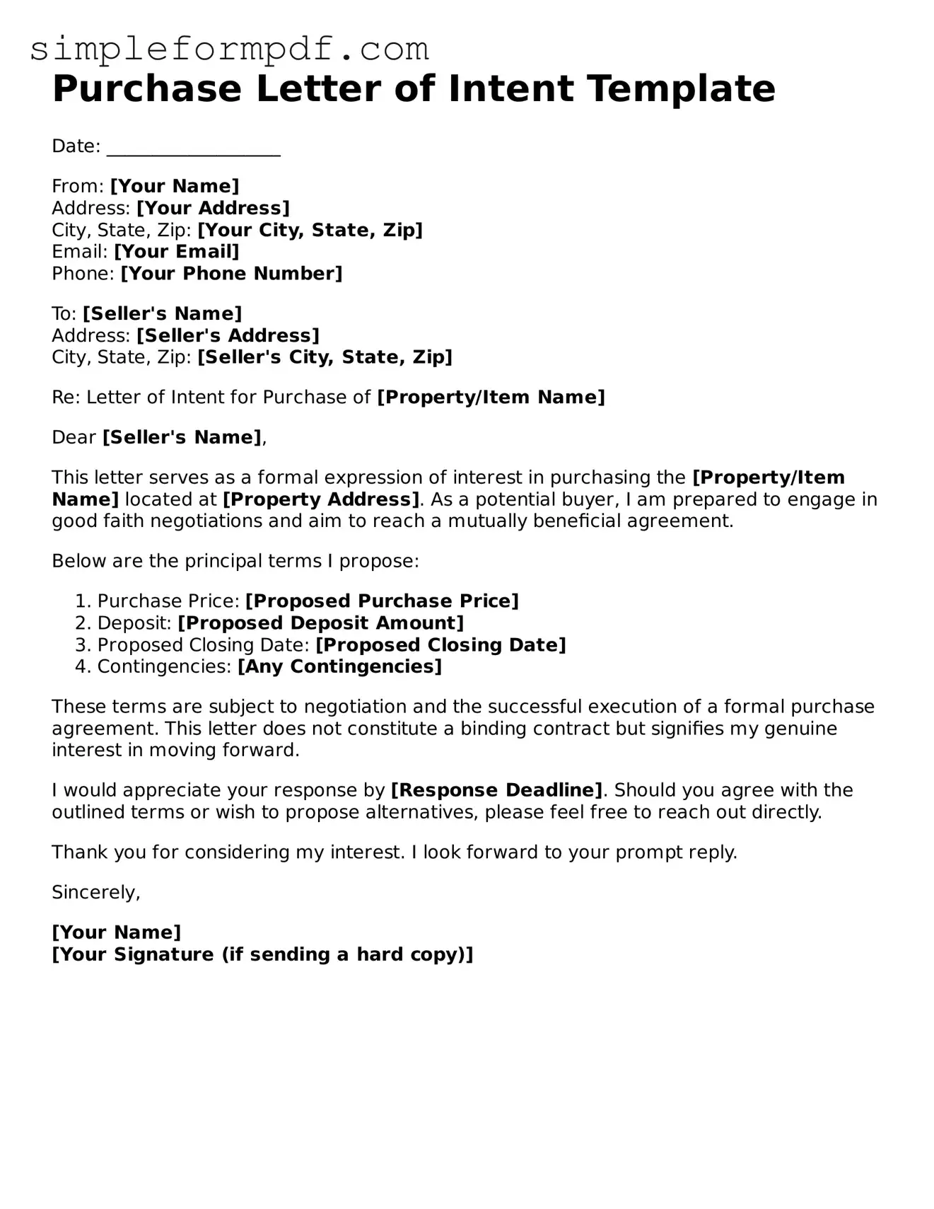 Fillable Purchase Letter of Intent Template