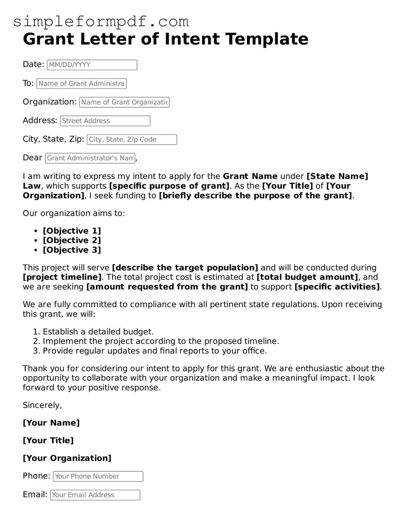 Fillable Grant Letter of Intent Template
