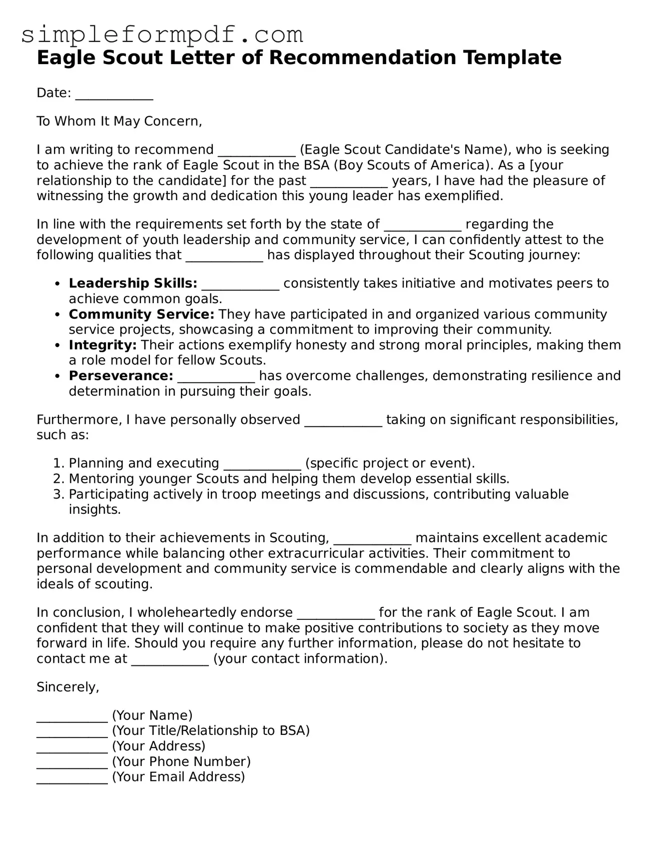 Fillable Eagle Scout Letter of Recommendation Template