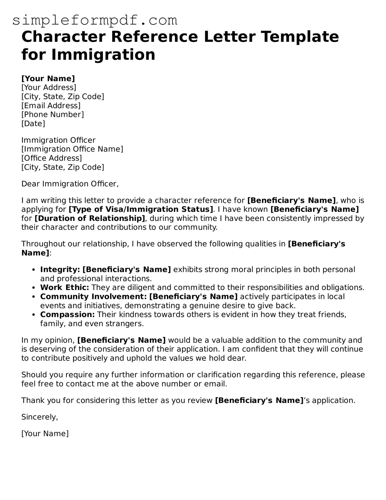 Fillable Character Reference Letter for Immigration Template
