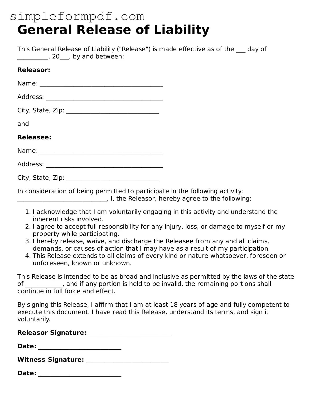 Fillable Release of Liability Template
