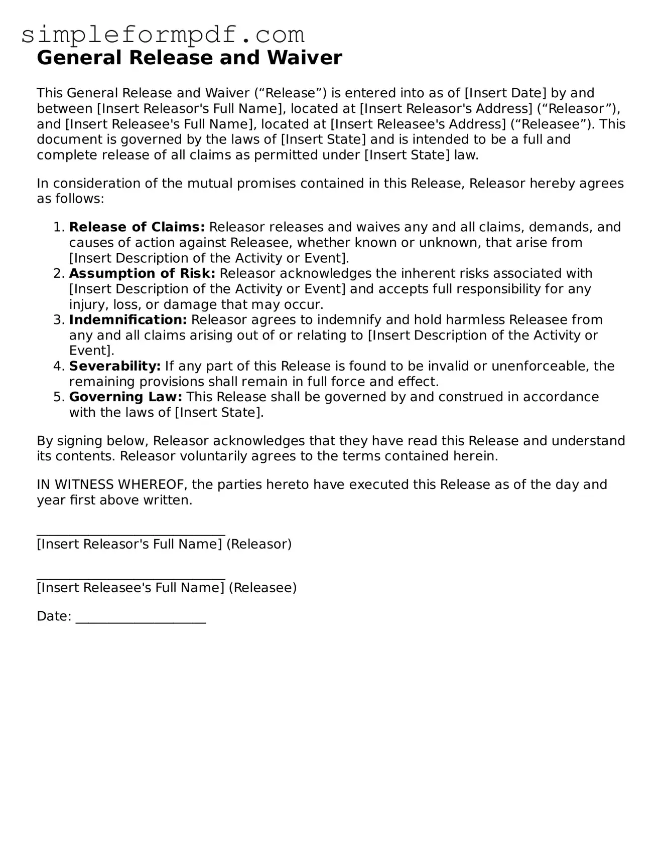 Fillable General Release and Waiver Template