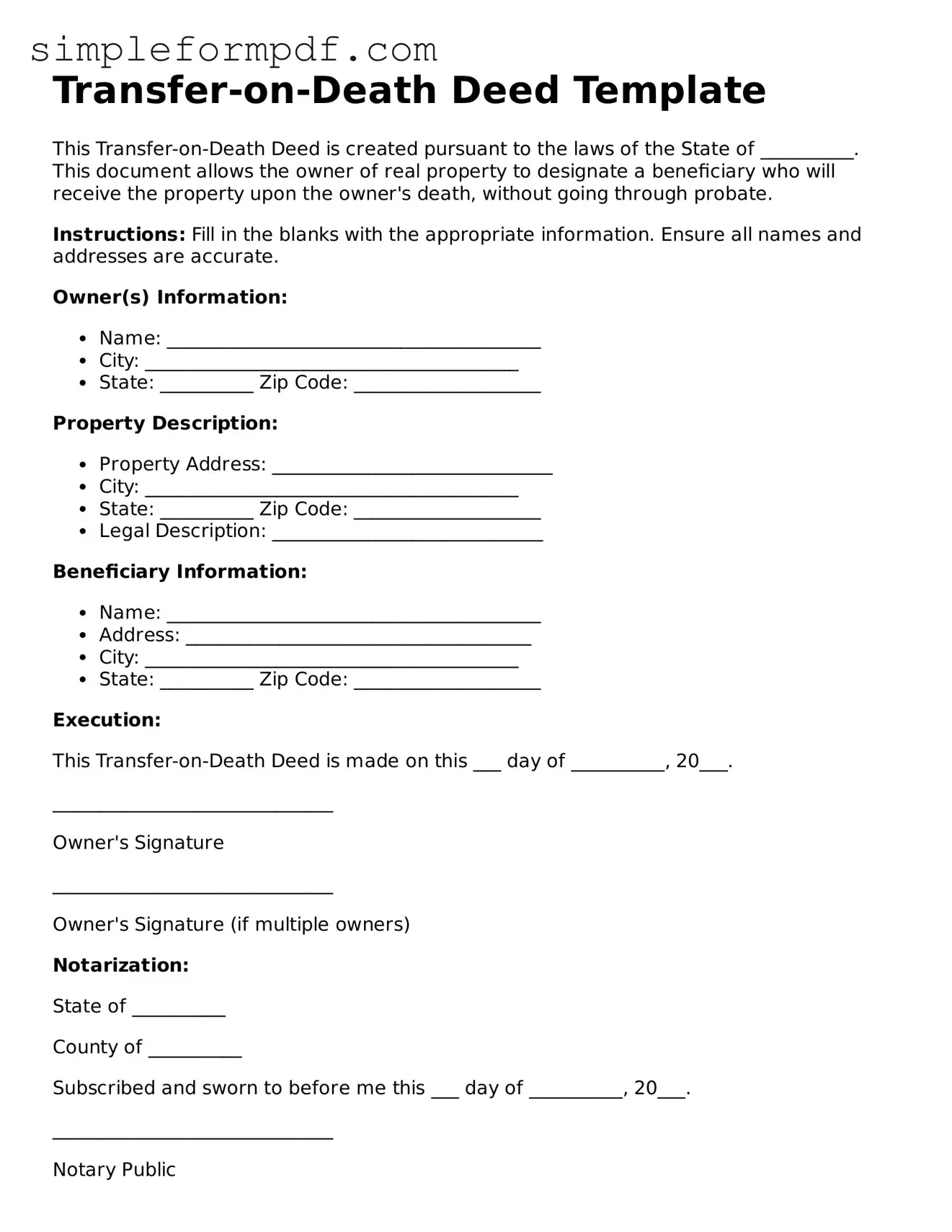 Fillable Transfer-on-Death Deed Template