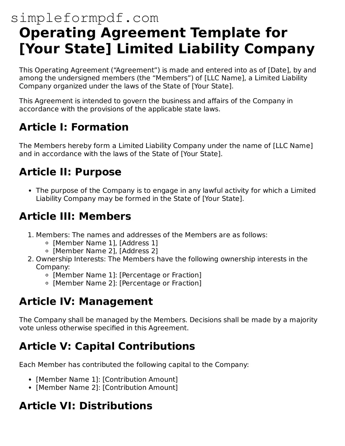 Fillable Operating Agreement Template
