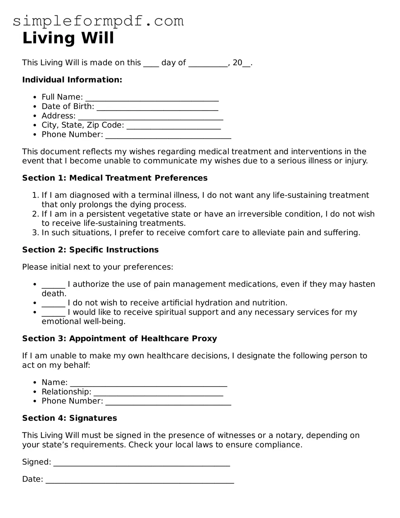 Fillable Living Will Template