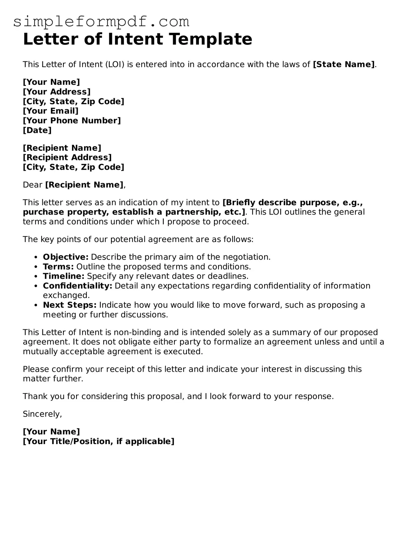 Fillable Letter of Intent Template