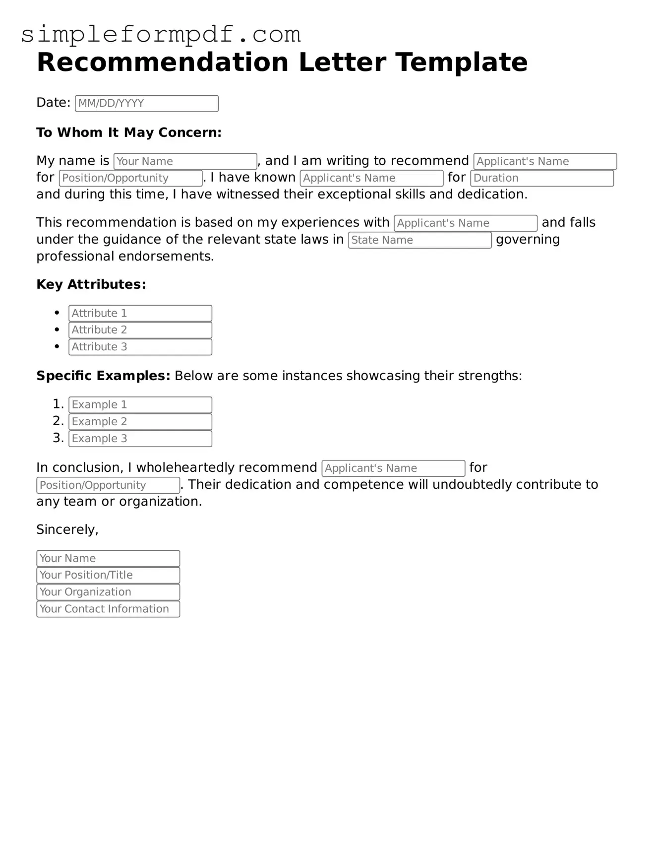 Fillable Recommendation Letter Template