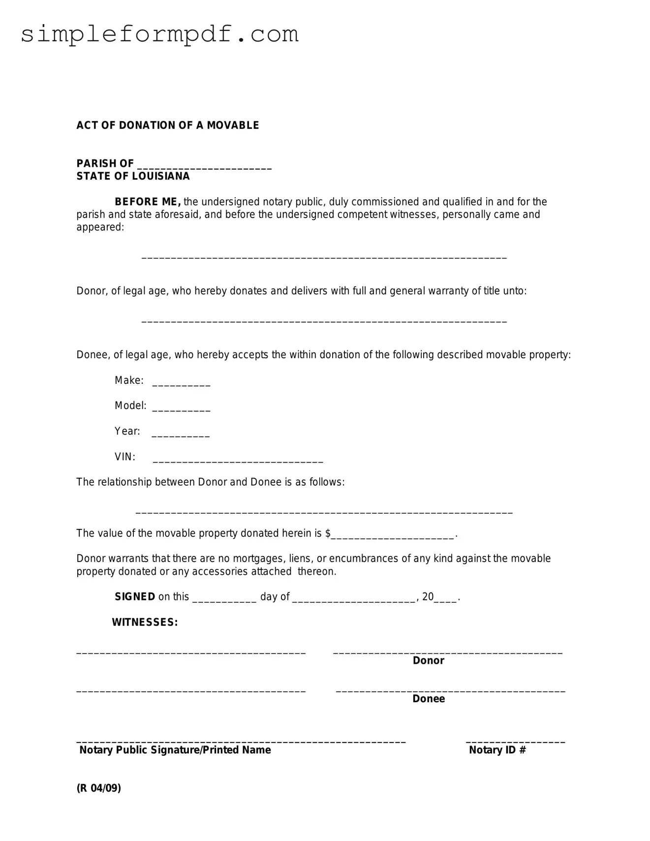 Louisiana act of donation PDF Form