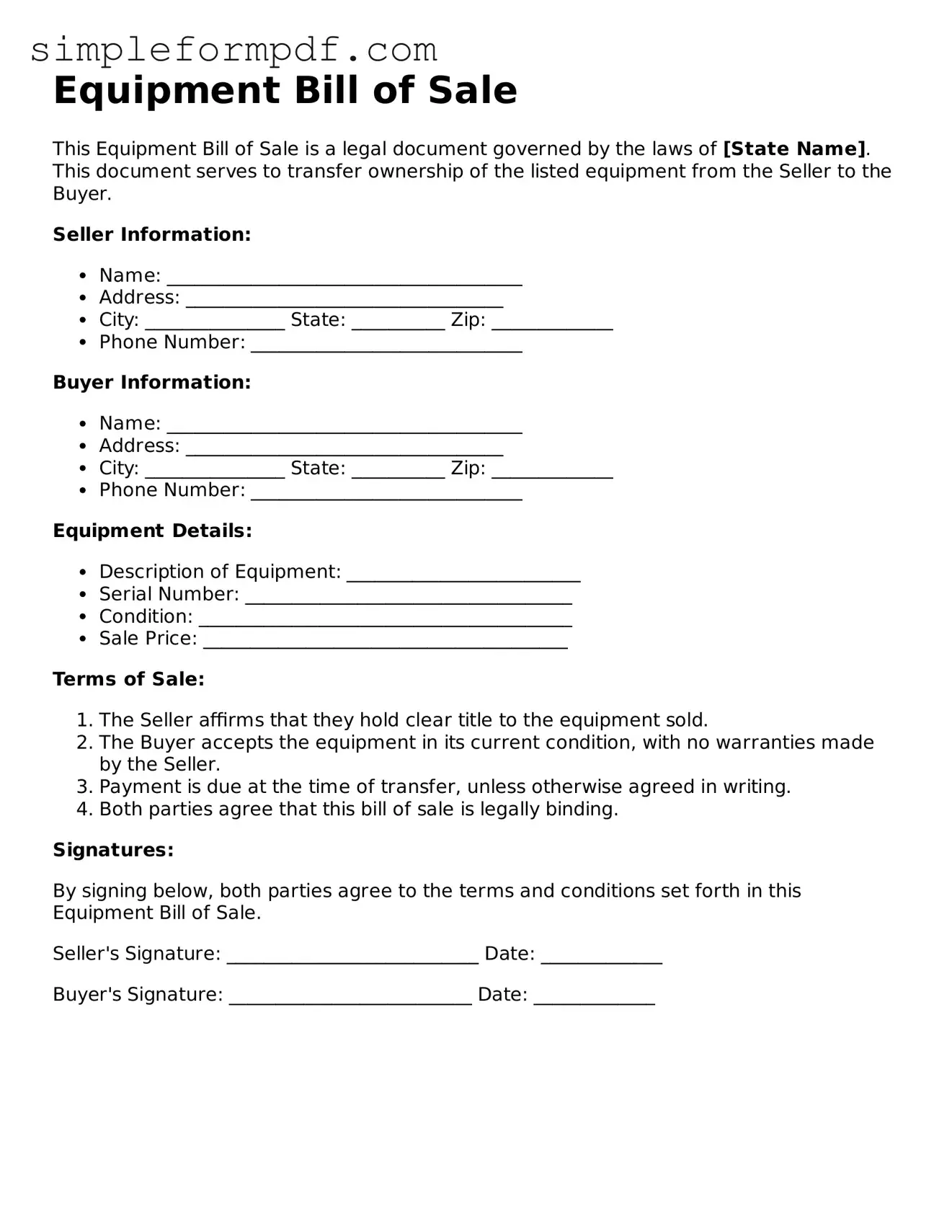 Fillable Equipment Bill of Sale Template